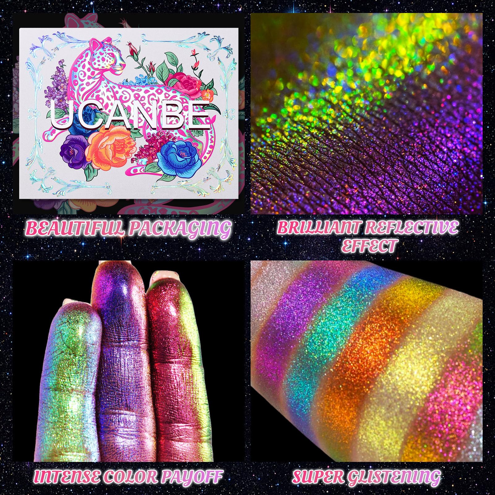 UCANBE Paleta cieni do powiek Chameleon Multichrome, 10 kolorów, odblaskowe, metaliczne cienie do powiek ze zmianą kolorów, różne możliwości zastosowania, różne kolory, holograficzne błyszczące cienie