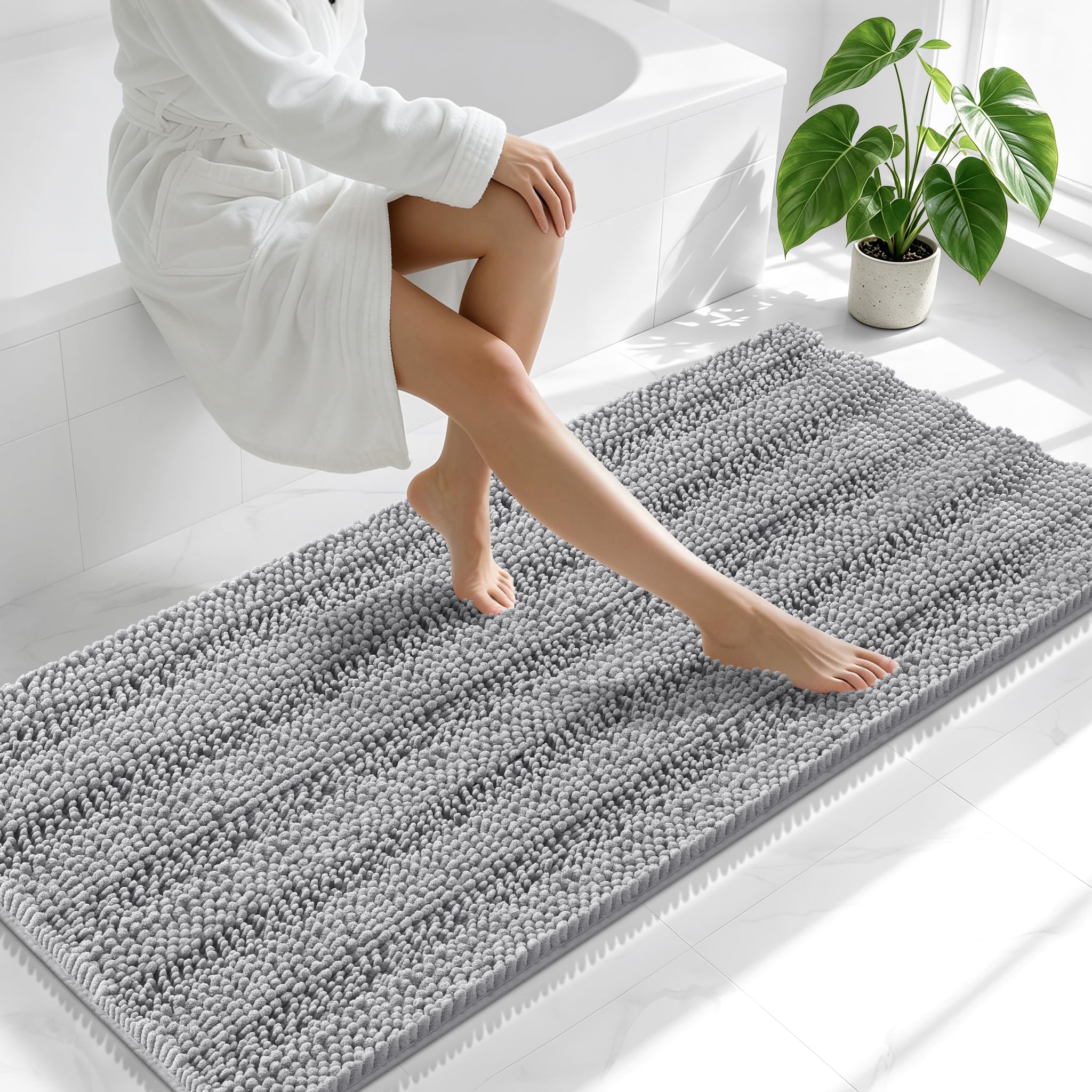 Smiry Thick Chenille Bathroom Runner Rugs 59x24, Absorbent Bath Mat, Grey