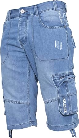 Enzo Mens Combat Shorts Cargo Pockets Casual Knee Length Jeans Denim Pants