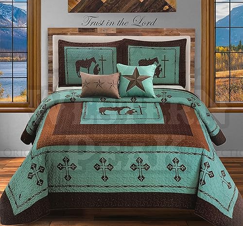 Miniatura 9 de Western Peak Juego de 5 piezas de colchas con alambre de púas estilo occidental, cruz de Texas, diseño de cabaña, fundas para almohadas, edredón
