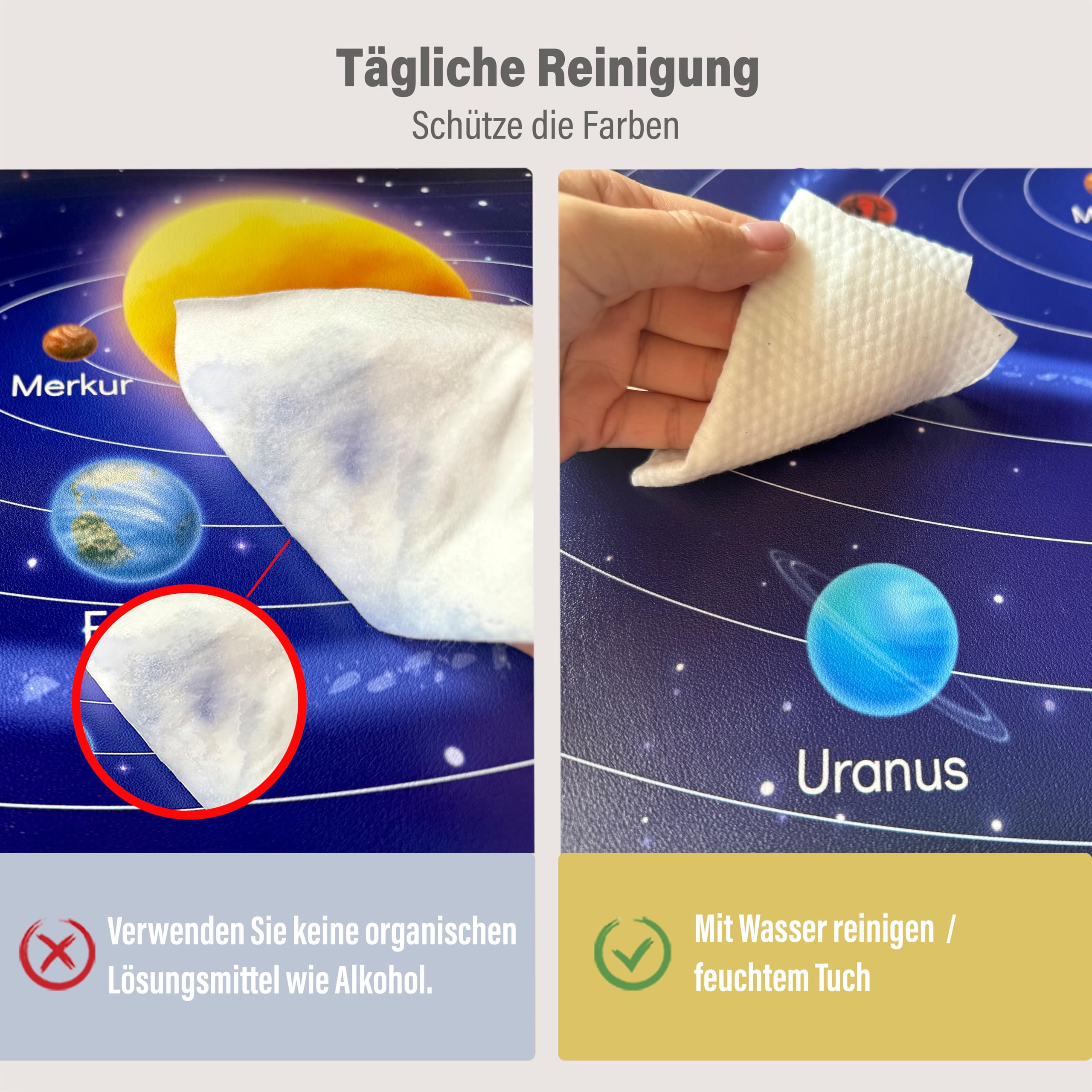 Sottomano da scrivania per bambini – Pianeti del sistema solare – 70 x 40 cm – Sottomano doppio lato in pelle PU – Sottomano lavabile e morbido