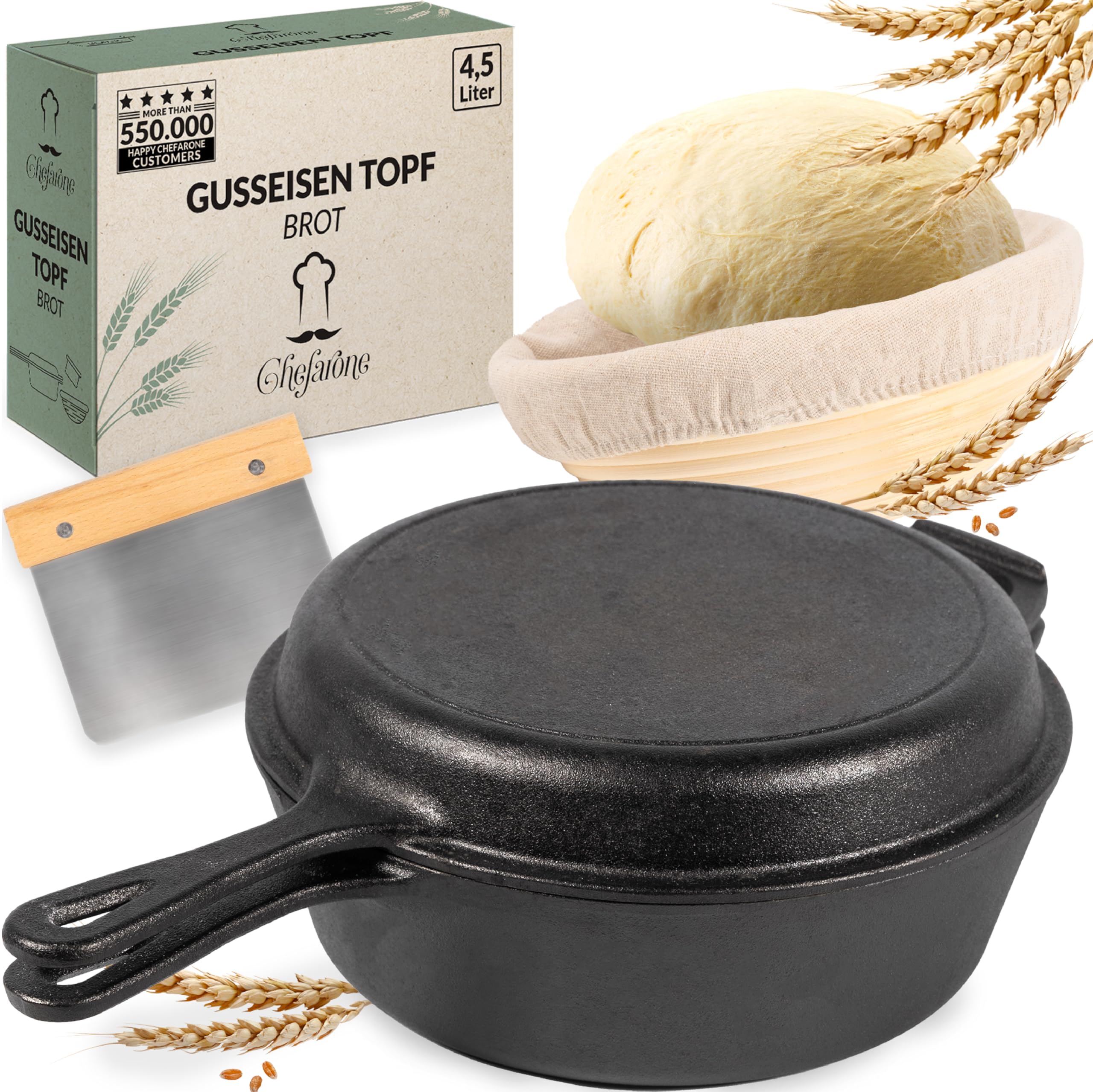 Chefarone Cast Iron Pot 2-in-1, Dough Scraper, Bread Baking Mould Lid, 3 litres Roasting Dish for Oven, Safe Pot for Home