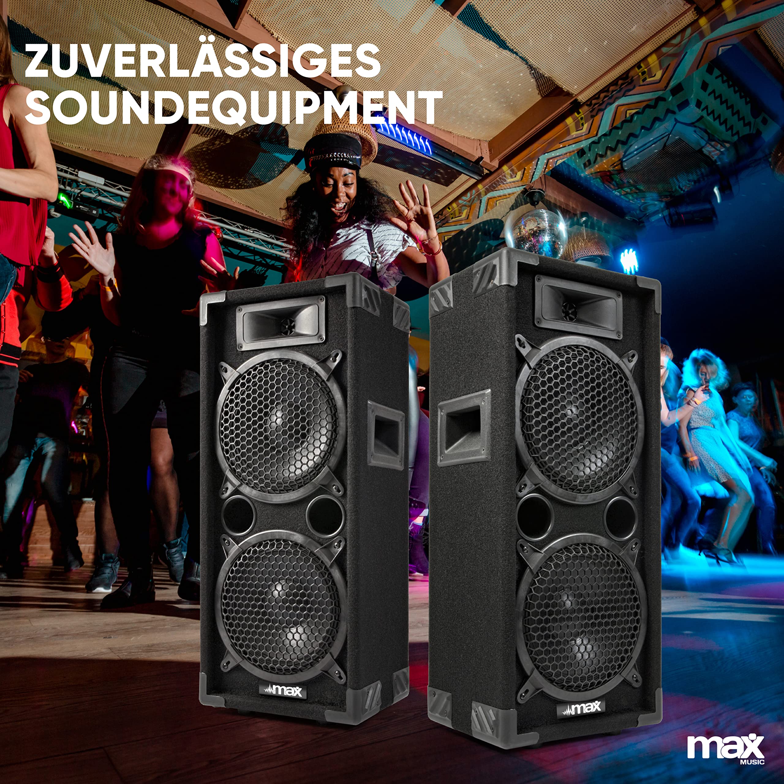 MAX MAX28 PA Lautsprecher passiv, DJ Boxen, 1600 Watt Peak, Partyboxen Set mit Griffe, 2 x 8 Zoll Doppel-Tieftöner, DJ Party Lautsprecher Paar, Lautsprecherbox, Schwarz