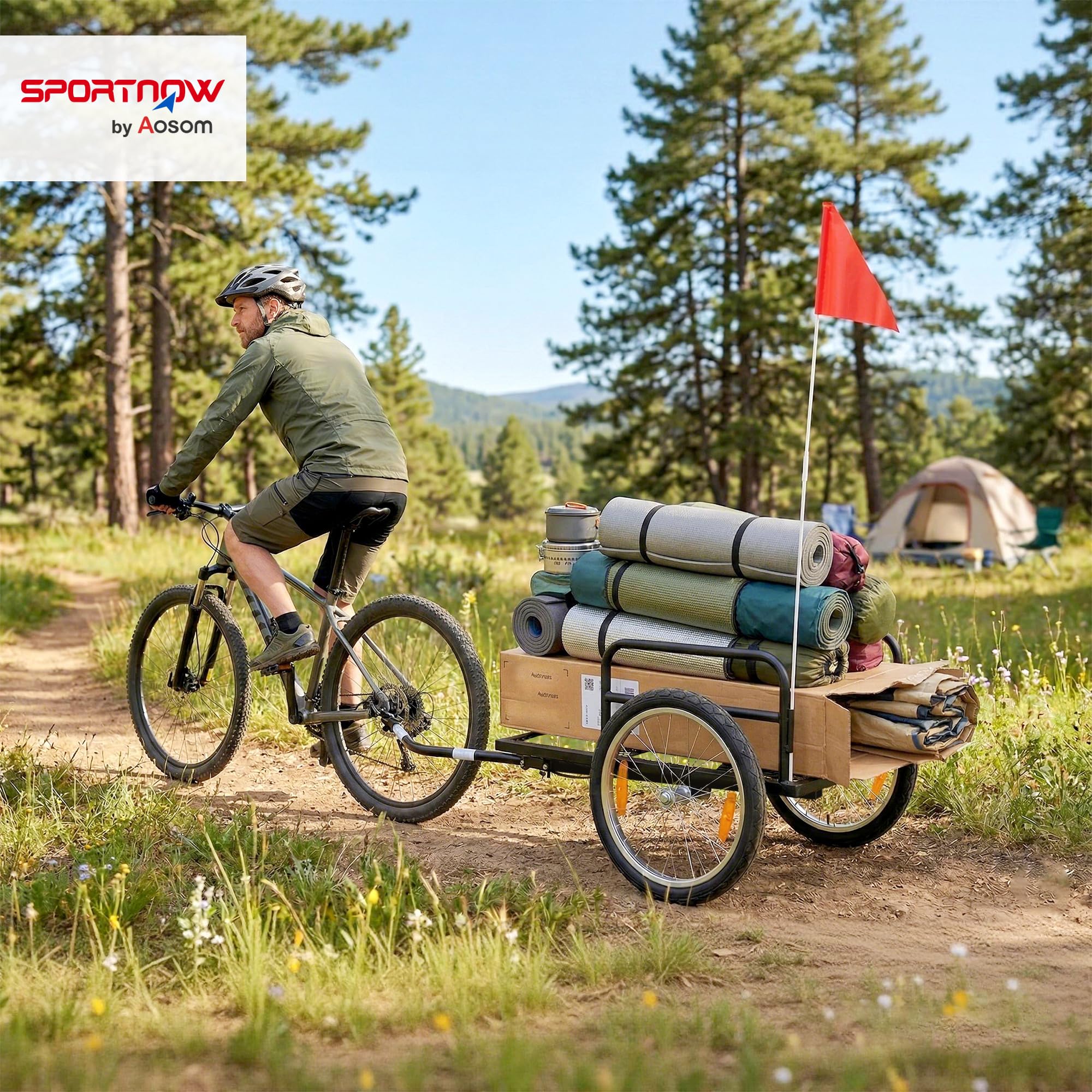 SPORTNOW Rimorchio per bicicletta per carico 40 kg, in acciaio, 145 x 60 x 42 cm, nero | Carrello a mano con bandiera rossa, ruote da 16 pollici, per trasporto bagagli, per biciclette da 22 a 28 pollici
