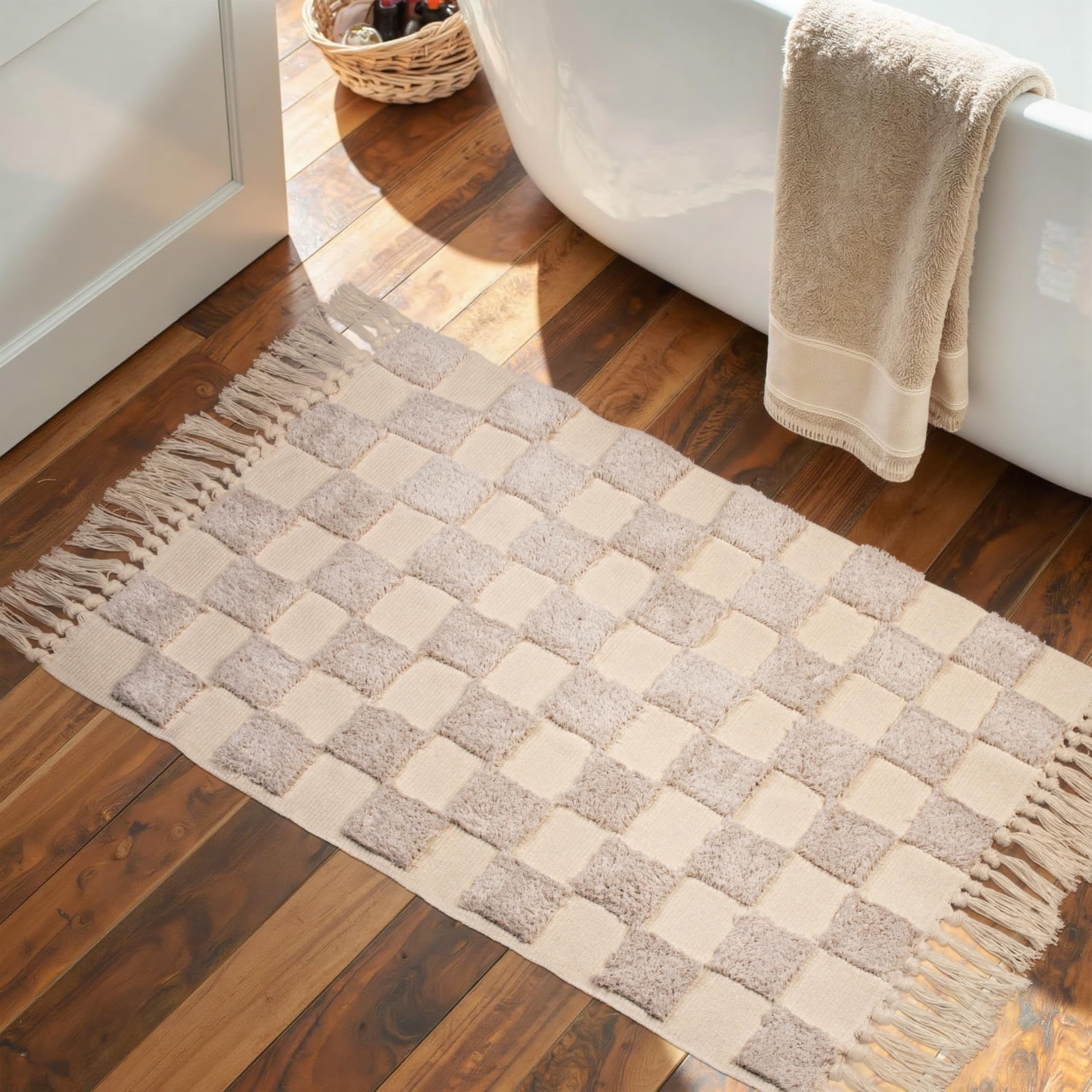 AevitasX Boho Bathroom Rugs with Tassels 2'x3' Cute Checkered Bath Mat Beige Cotton Rug Fits Perfectly Into Your Bath Machine Washable Woven Rug, 24 x