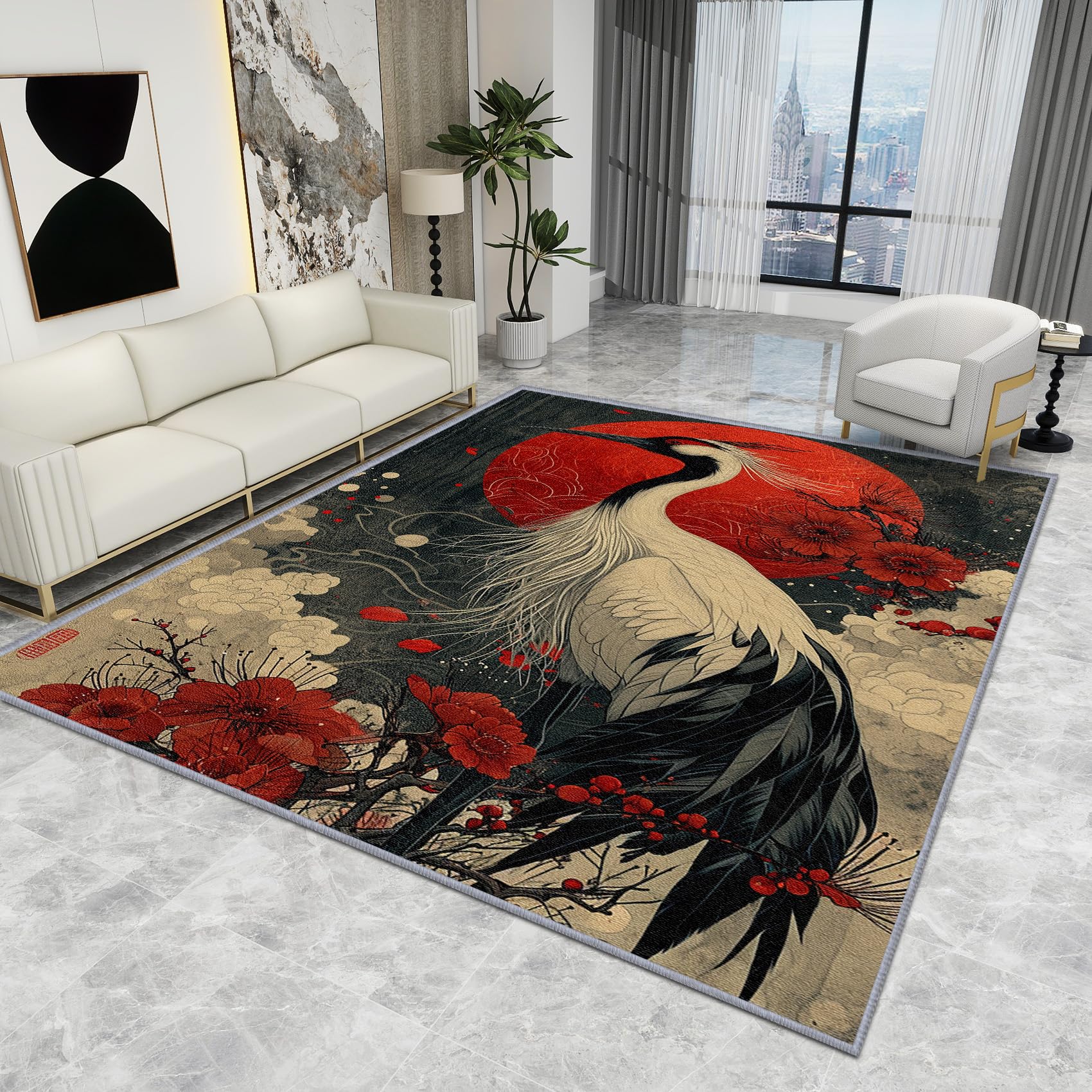Large Japanese Rug - Crane Rug - Japanese Red Sun Traditional Rugs, Oriental Asian Vintage Carpet, Washable Rug Non Slip Low Pile Soft Large Area Rugs, Crane Home Decor Gifts, 120 X 170 cm