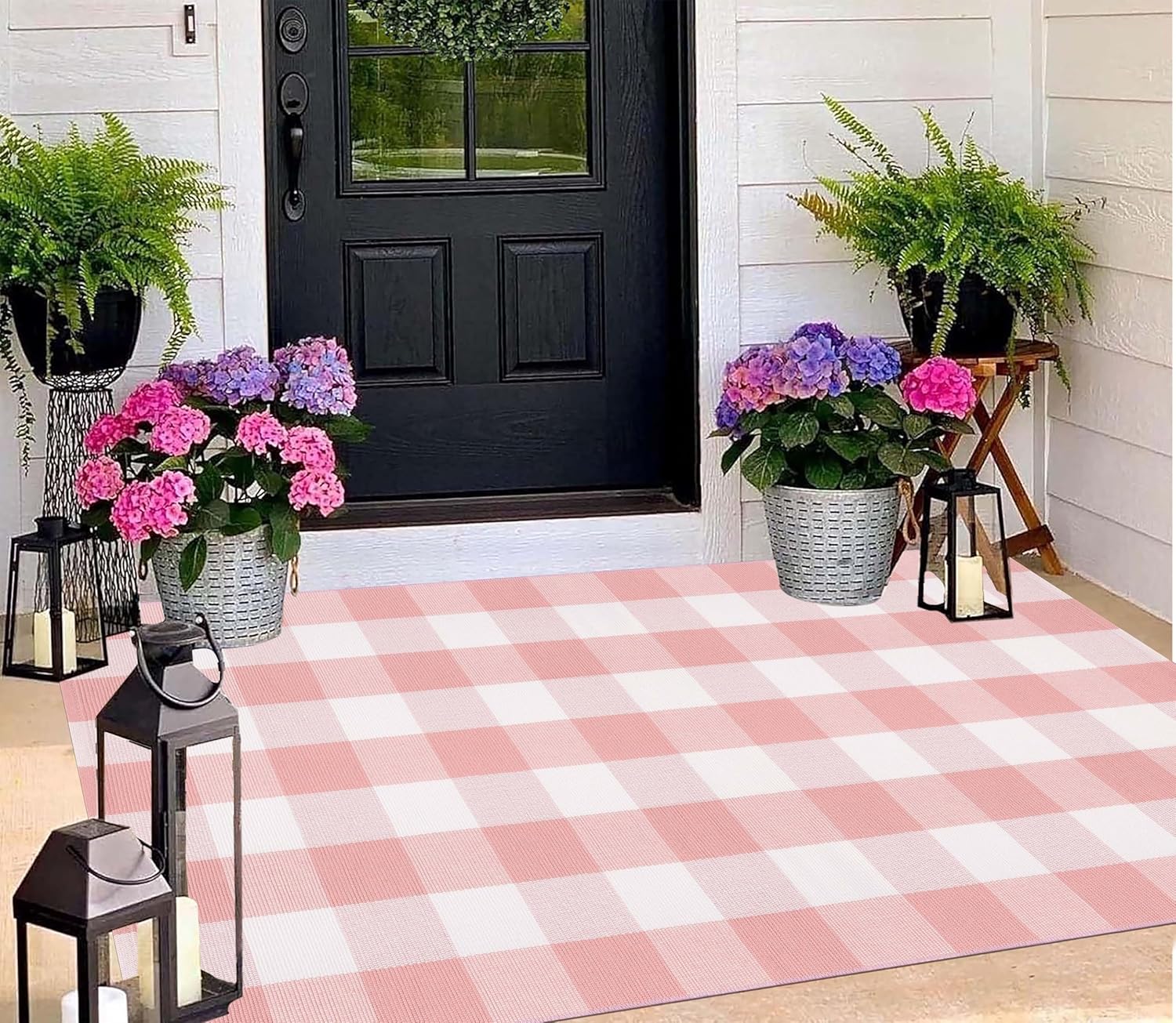 Pink and White Buffalo Plaid Rug 3'x5'Checkered Outdoor Rug Farmhouse Front Porch Rug Machine Washable Front Door Mat Outdoor for Hello Welcome Mat,Bedroom,Entryway,Patio