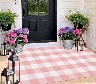 BUAGETUP Pink and White Outdoor Rug 3'x5' Farmhouse Washable Front Door Mat