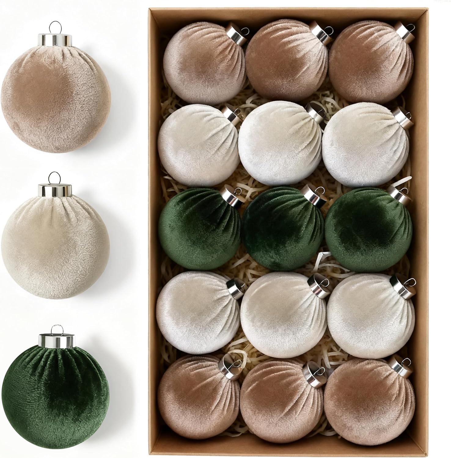 christmas tree ornaments velvet balls 15 pcs - 3.15 inch shatterproof christmas decorations for tree brown green neutral ornament set xmas holiday decorations vintage hanging decor classic version - brown & green