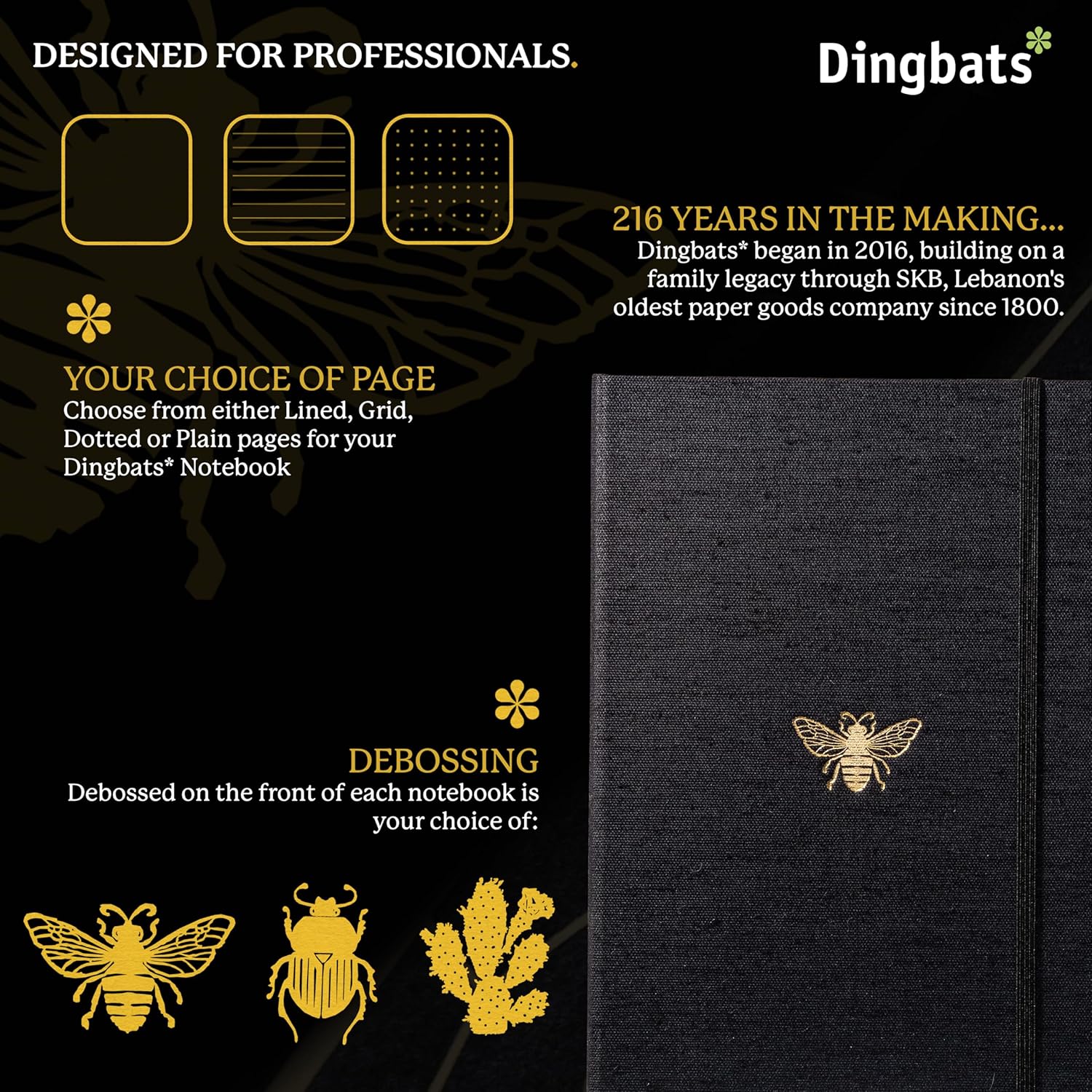 Dingbats* Pro Plain Large B5 Notebook - Black Textile Cover, Thread-Bound Writing Journal - for Work, Travel - Pocket, Elastic Closure, Bookmark