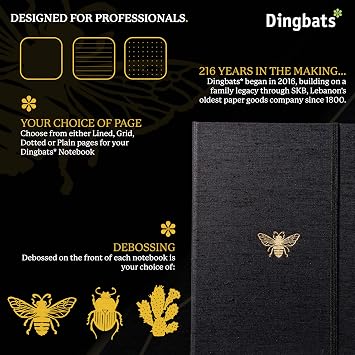 Dingbats* Pro Dotted Large B5 Notebook - Black Textile Cover, Thread-Bound Writing Journal - for Work, Travel - Pocket, Elastic Closure, Bookmark