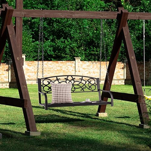 Miniatura 2 de Tangkula Columpio de porche para 2 personas, banco colgante de patio con cadenas, respaldo y reposabrazos, silla clásica de metal para exteriores