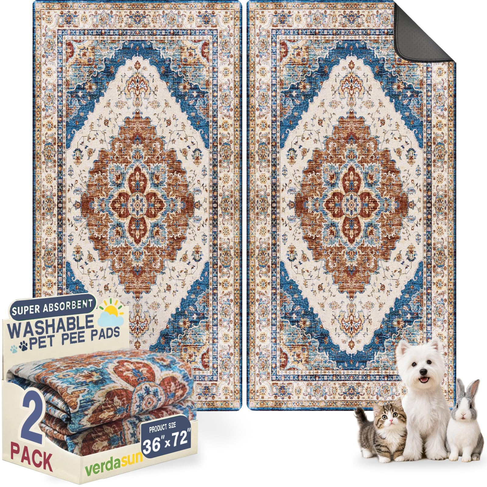 Washable Pee Pads for Dogs 36"x72" 2 Pack Reusable Puppy Potty Pad