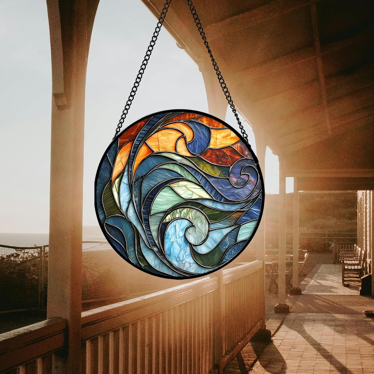 Stained Glass Window Hanging - Gray Blue Abstract Sun Catcher for Door Terrace Garden Home Decor, Modern Colorful Suncatcher Birthday Gifts for Lovers Women Men Dad Mom Nana 15 in