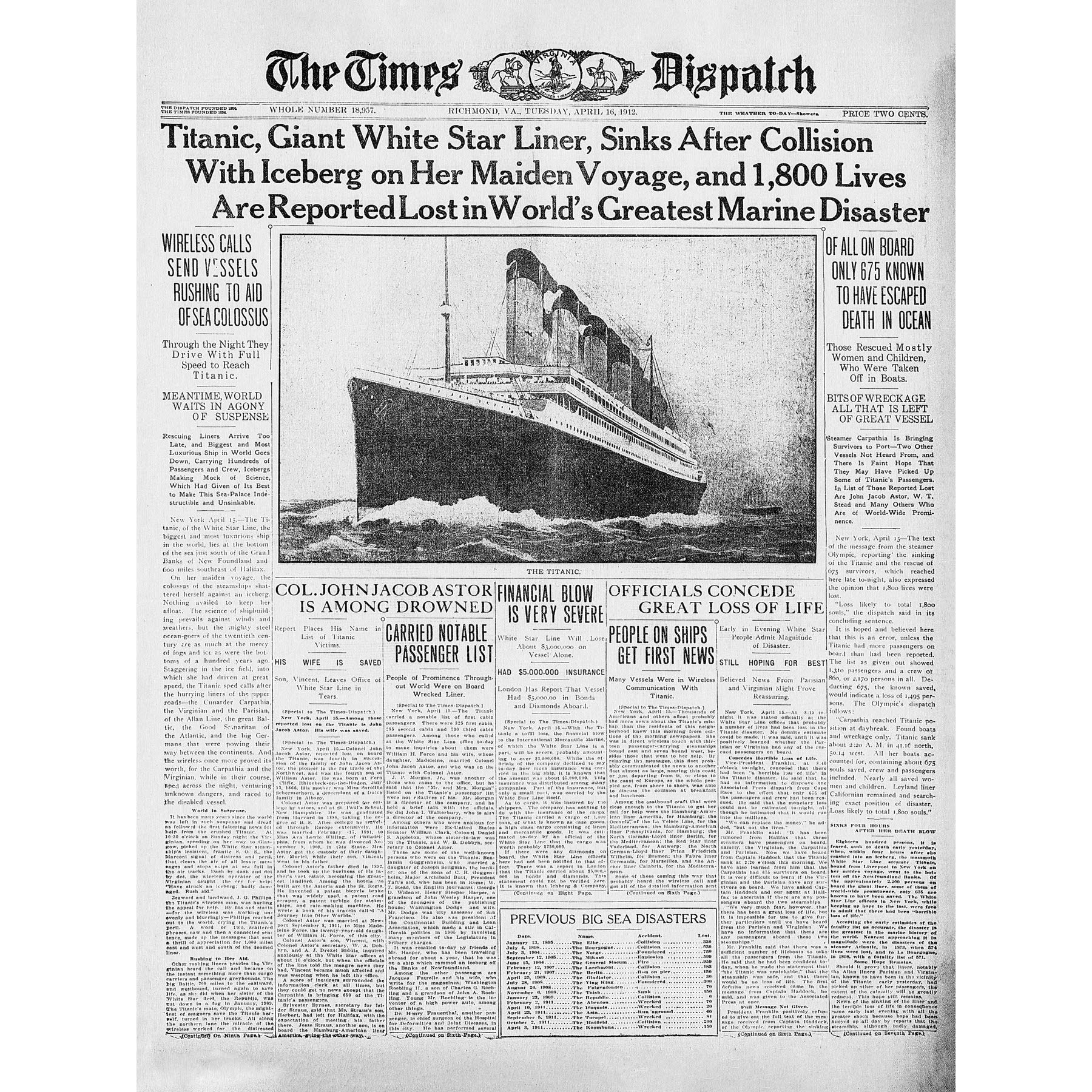 Newspaper Front Sheet Page Titanic Disaster 1912 Times Despatch Large XL Wall Art Canvas Print
