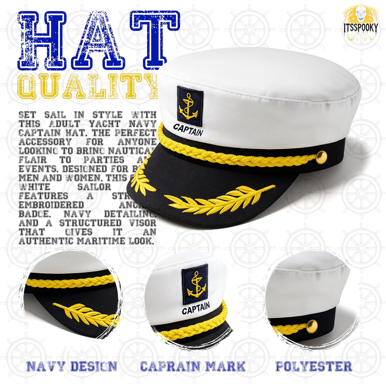 Captain Sailor Hat with Anchor – Nautical Sea Boat Captain Hat for Men & Women, White Sailor Costume Accessory for Parties, Holidays, Halloween Fancy Dress Parties, Cosplay & Themed Events