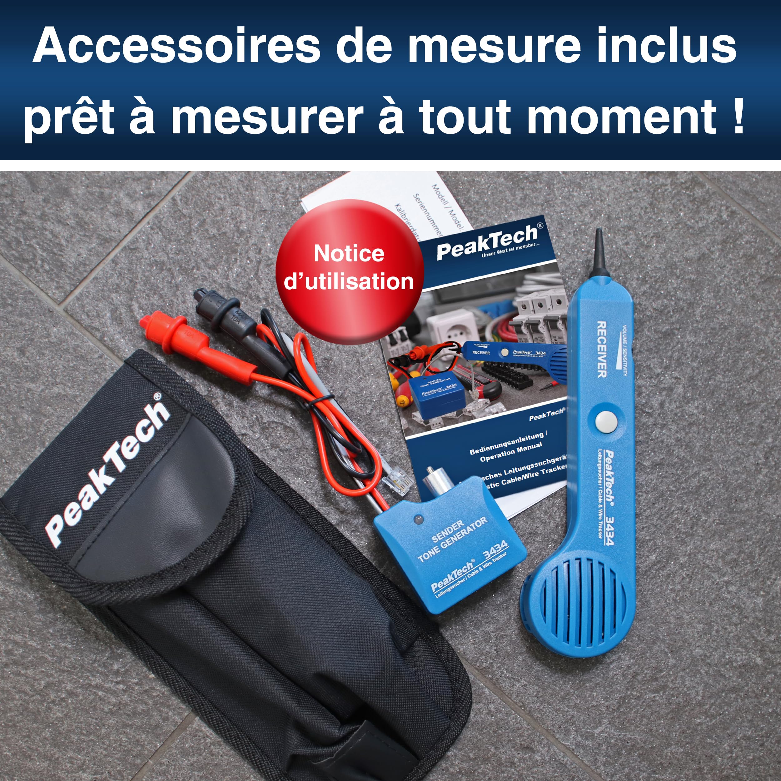 PeakTech 3434 Détecteur de câbles pour lignes & câbles téléphoniques [garantie de 3 ans] Détecteur de câbles avec testeur de continuité & signal sonore, pinces crocodile