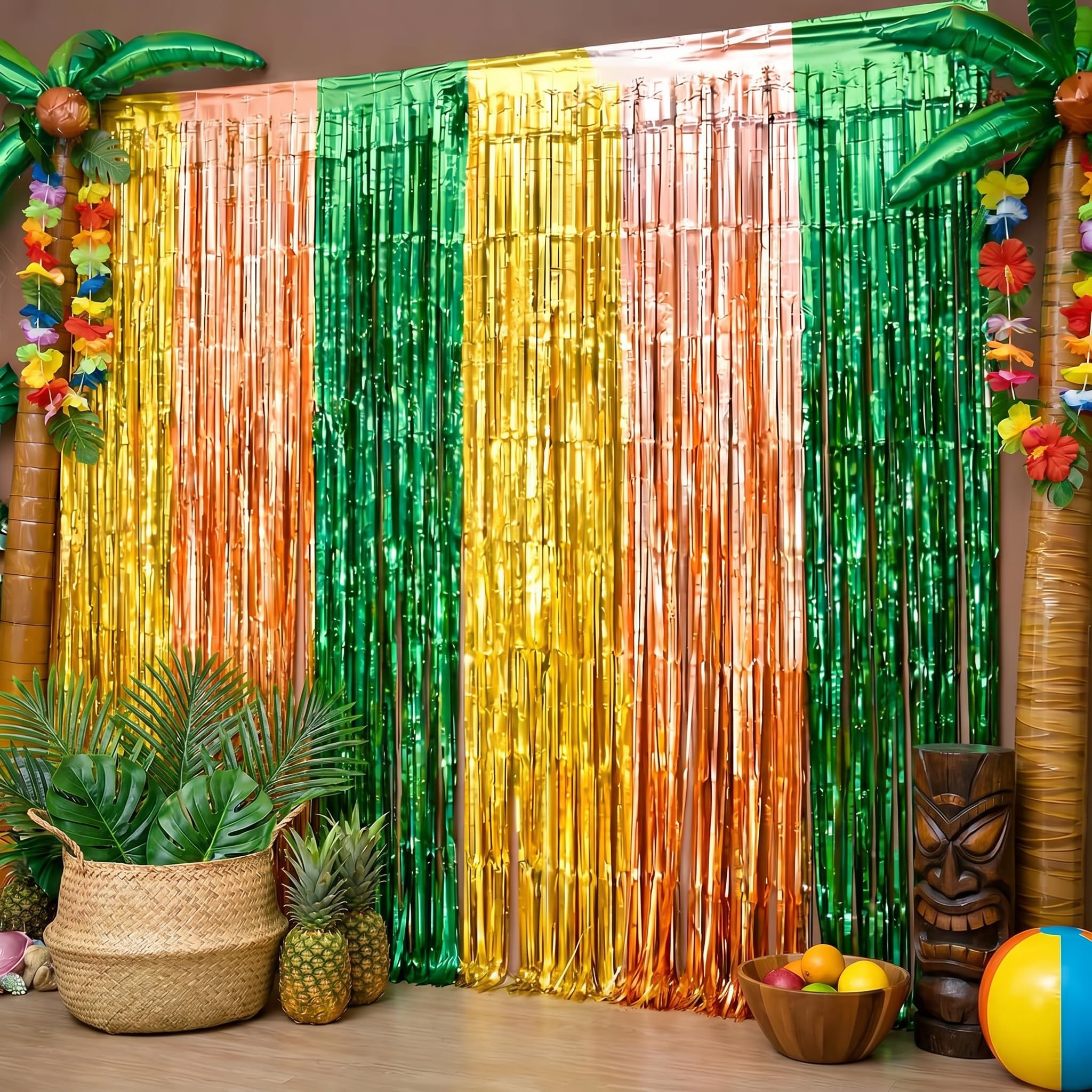 2Pack Green Brown Yellow Foil Fringe Curtains, Hawaiian Luau Party Backdrop
