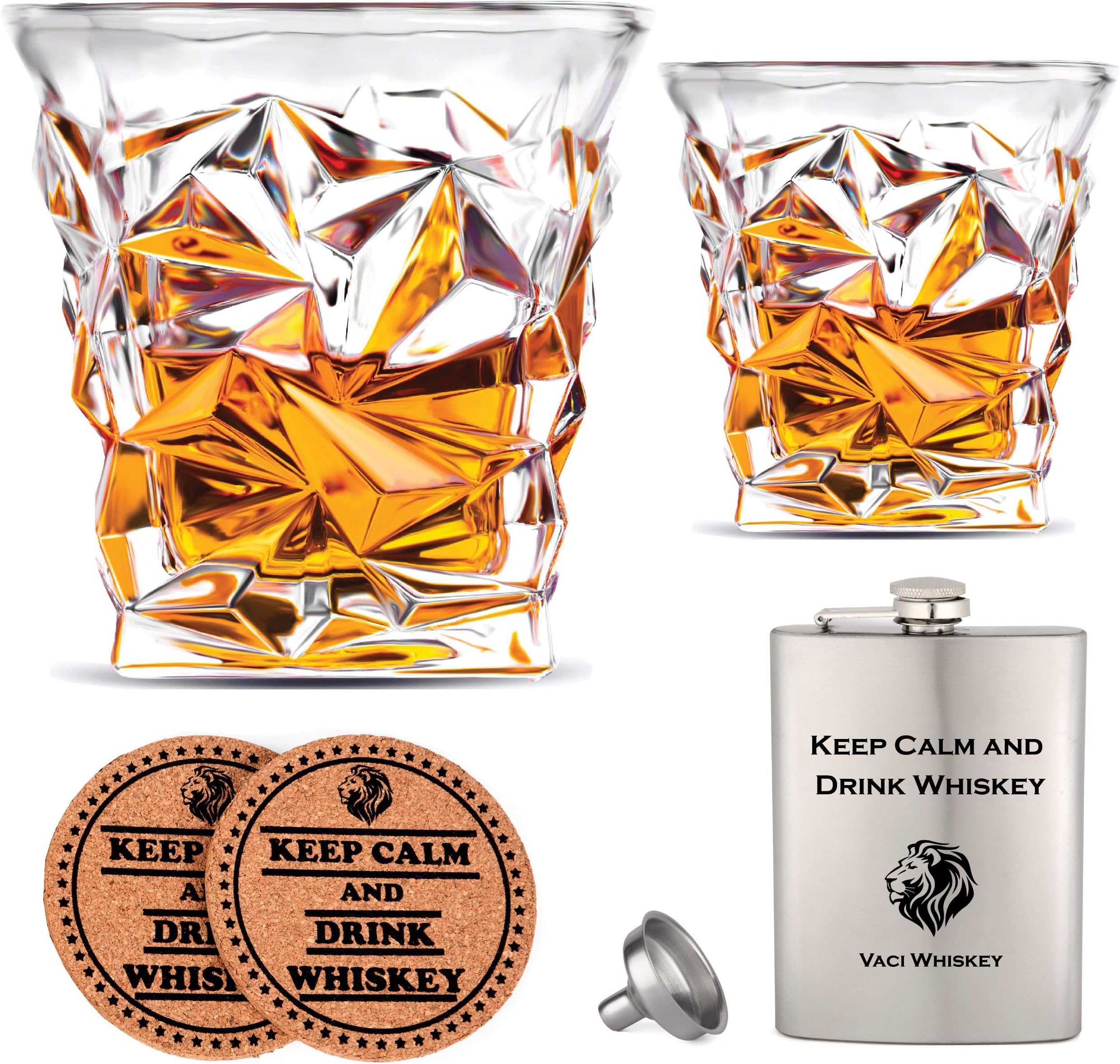 Vaci Crystal Whiskey Glasses – Set of 2 Bourbon Glasses, Tumblers for Drinking Scotch, Cognac, Irish Whisky, Large 10oz Premium Lead-Free with Stainless Steel Flasks, Cups, Luxury Gift Box