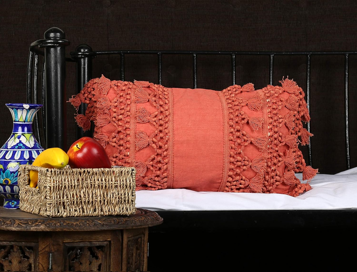 RAJRANG Coral Throw Pillow Cover with Decorative Tassels - 20x12 Inches Lumbar Boho Cushion for Living Room and Sofa Decor
