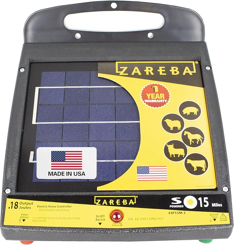 Zareba Cargador de cerca eléctrico de baja impedancia con energía solar, Energizador de cerca eléctrica con energía solar de 15 millas, contiene animales, mantiene alejados a los depredadores - ESP15M-Z