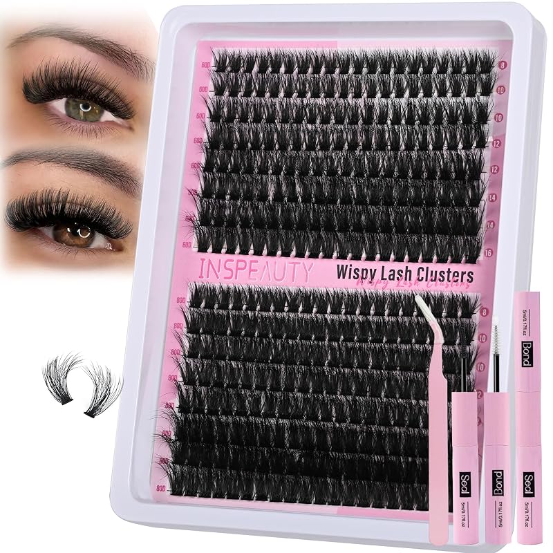 Kit de cílios em tufos INSPEAUTY 60D e 80D, comprimentos de 8 a 16 mm, com cola, selante e pinça