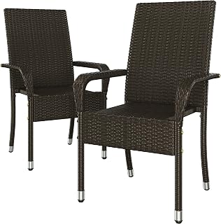 Set of 2 Rattan Stackable Outdoor Garden Chair Lightweight All-Weather w/Armrests for Patio, Backyard, Poolside, 58 x 62.5 x 94.5 cm, Brown