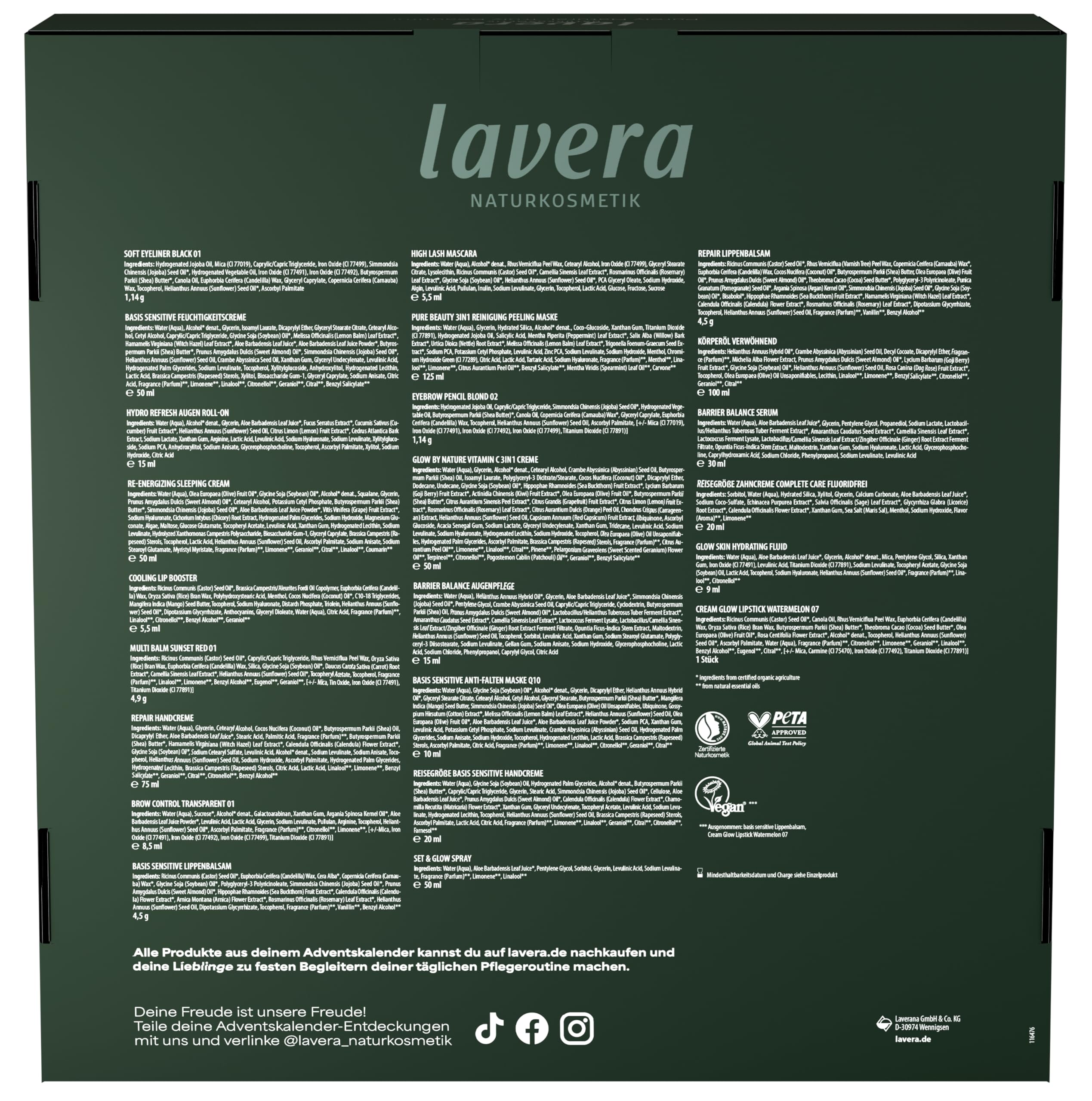 lavera Calendario dell'Avvento con cosmetici naturali per donne, calendario di bellezza | 24 sorprese per la cura della pelle, la cura del viso e il trucco, cosmetici naturali nel calendario dell'Avvento Beauty