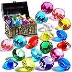 Sloosh Diving Gems Pool Toys, 16 Big Colorful Diamond with Pirate Treasure Chest,Swim Dive Toy for Kids Underwater Gemstone Swimming Training Gift Water Pool Games(Gold)