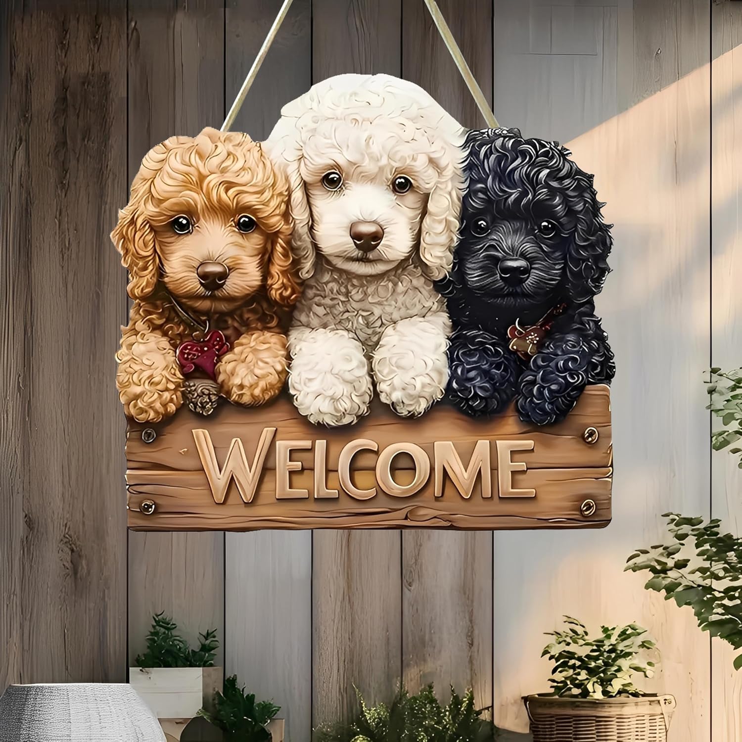 Adorable Poodle Puppies Welcome Hanging Sign - Cute Entryway Decor,Gift for Dog Lovers & Friends/MP-16