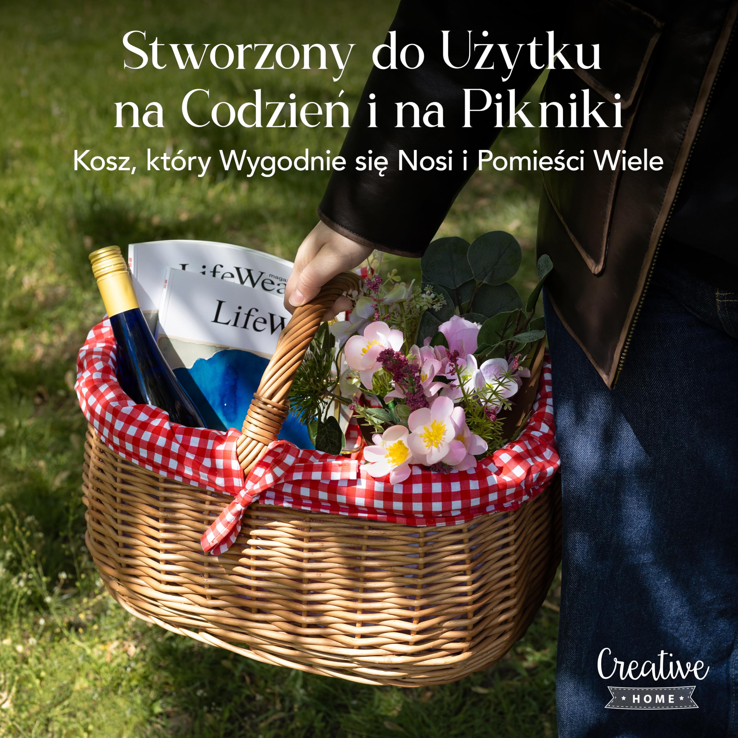 Creative Home Kosz Wiklinowy z Czerwonym Obszyciem w Kratę z 45x32x34cm