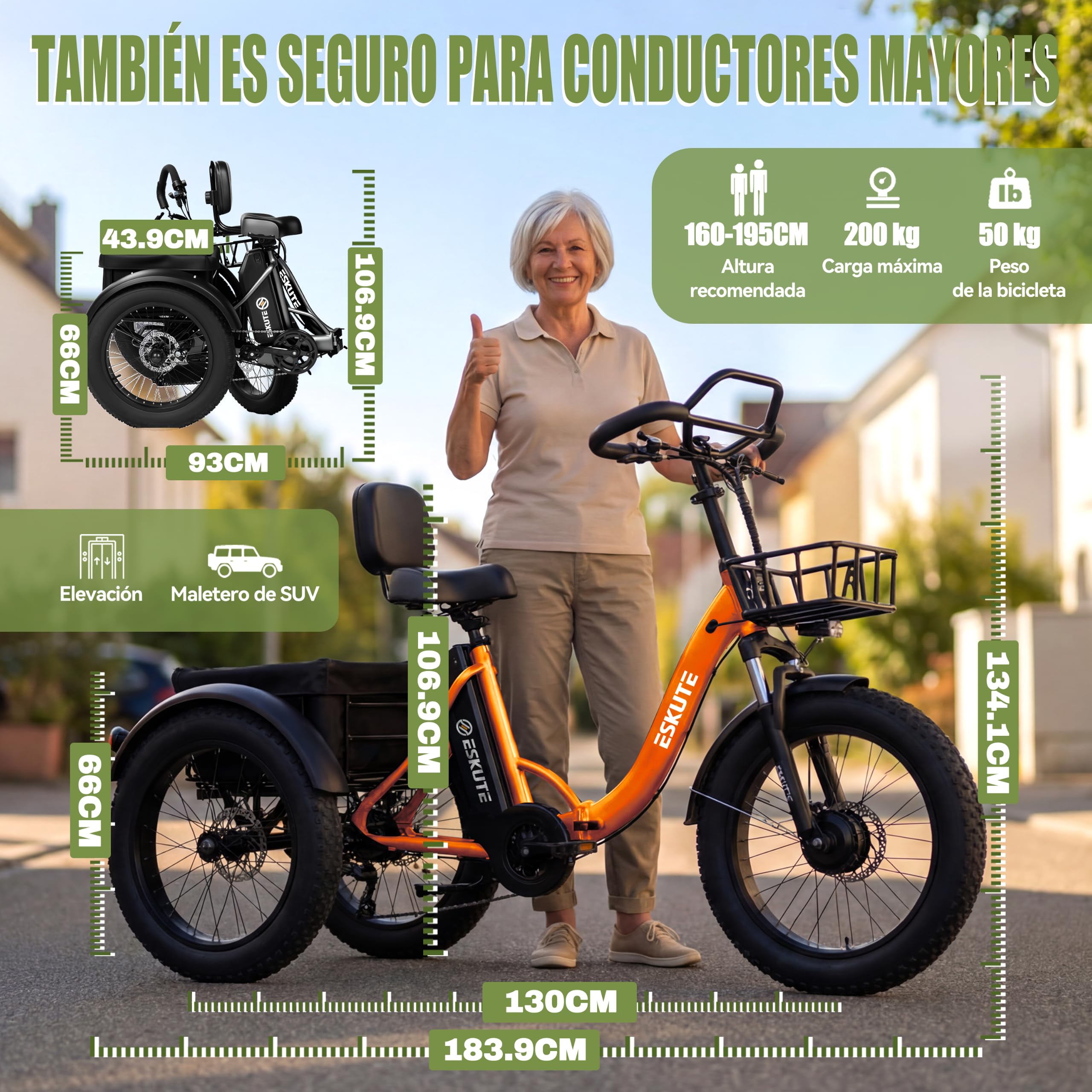 ESKUTE Triciclo eléctrico para adultos T302 Pro, Fat Bike eléctrica 20 × 4.0, plegable, con batería extraíble de 48 V y 20,8 Ah, eBike de tres ruedas con motor de 65 Nm, cambio de 7 velocidades