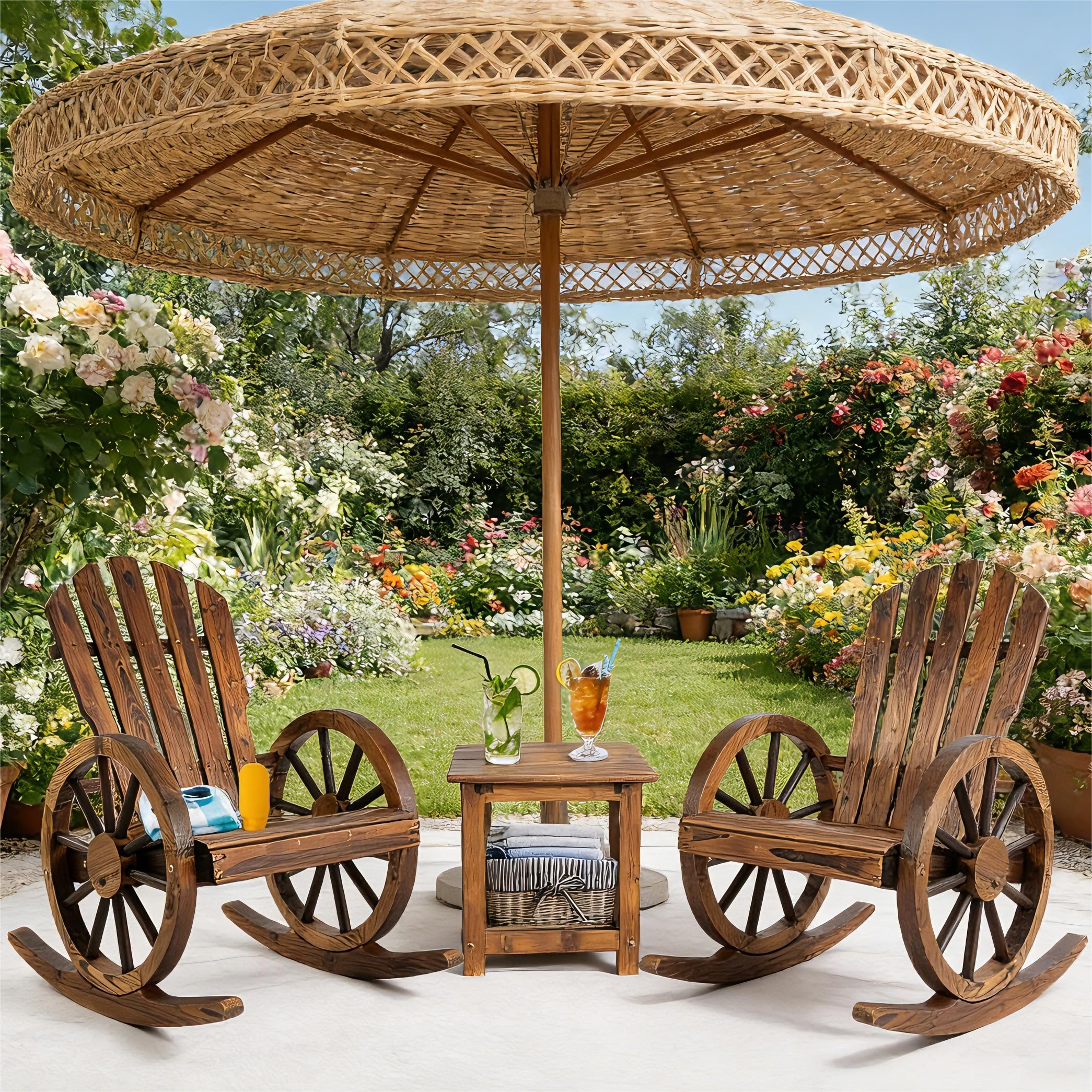 Juego de 3 sillas mecedoras de patio, juego de bistró de madera para exteriores con mesa de café, ruedas de vagón, sillas rústicas para jardín, patio de campo