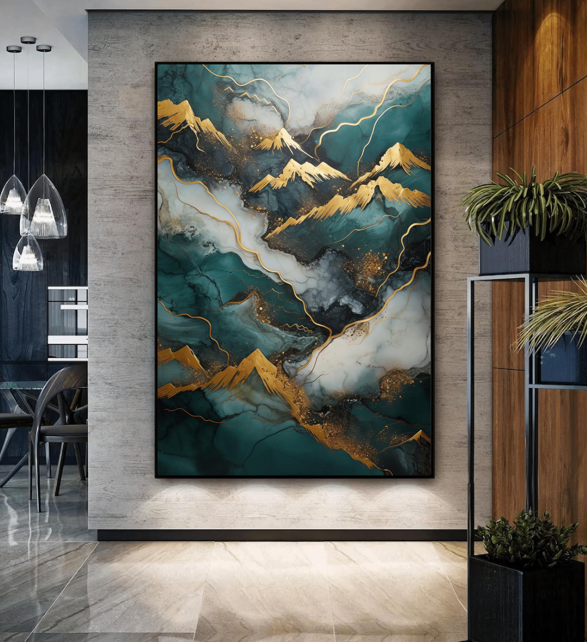 TONGYINLI Teal and Gold Oil Painting Abstract Canvas Art: for Living Room, Home Wall Decor Poster(70x110cm/Frameless)