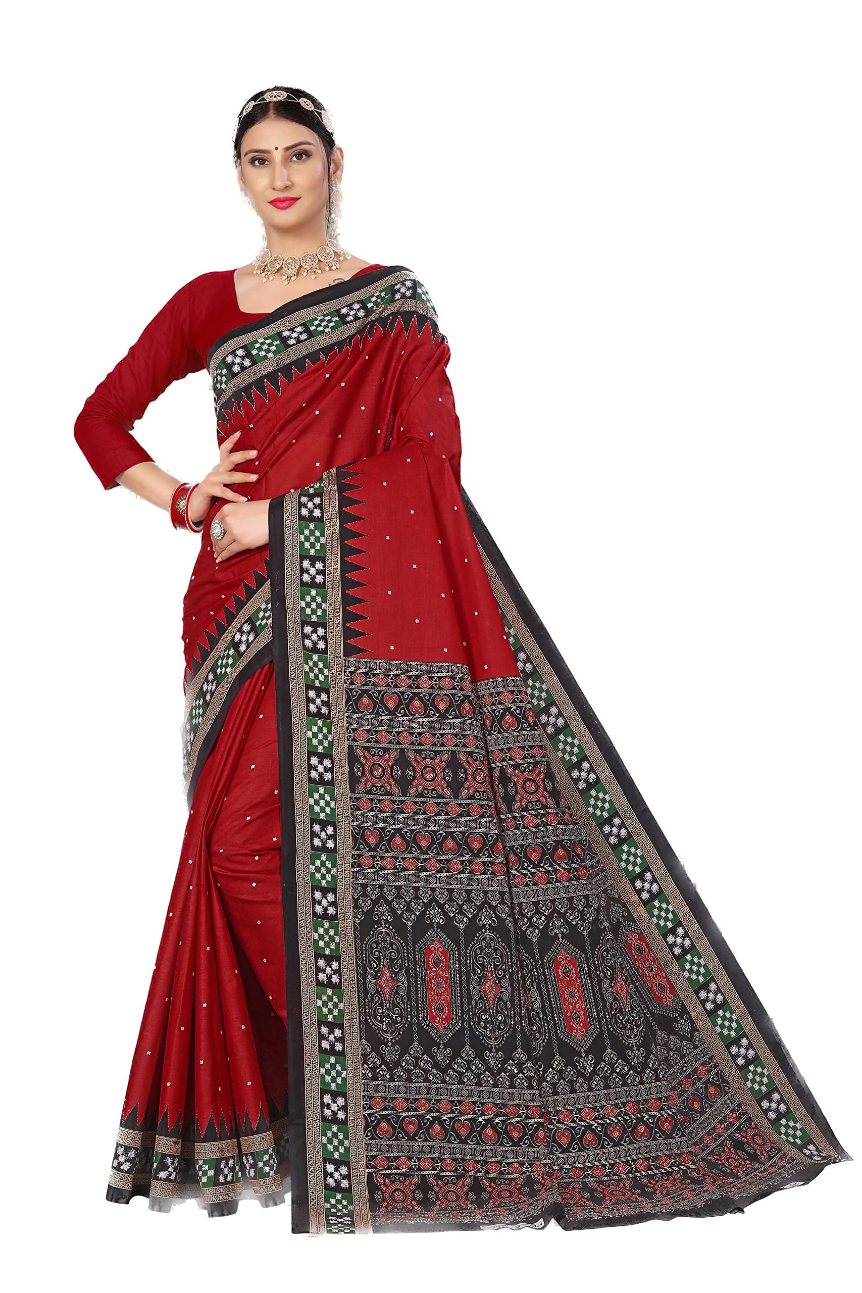 GenericETHNIC ODISHA HANDLOOM Sambalpuri Cotton Saree Odisha Khandua nuapatnapata pasapali bomkai for women (Red)