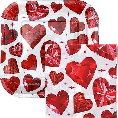 Iconikal Juego de 40 platos y 60 servilletas de papel cuadrado duradero, corazones de diamante, tamaño de cena para fiestas y eventos del día de San