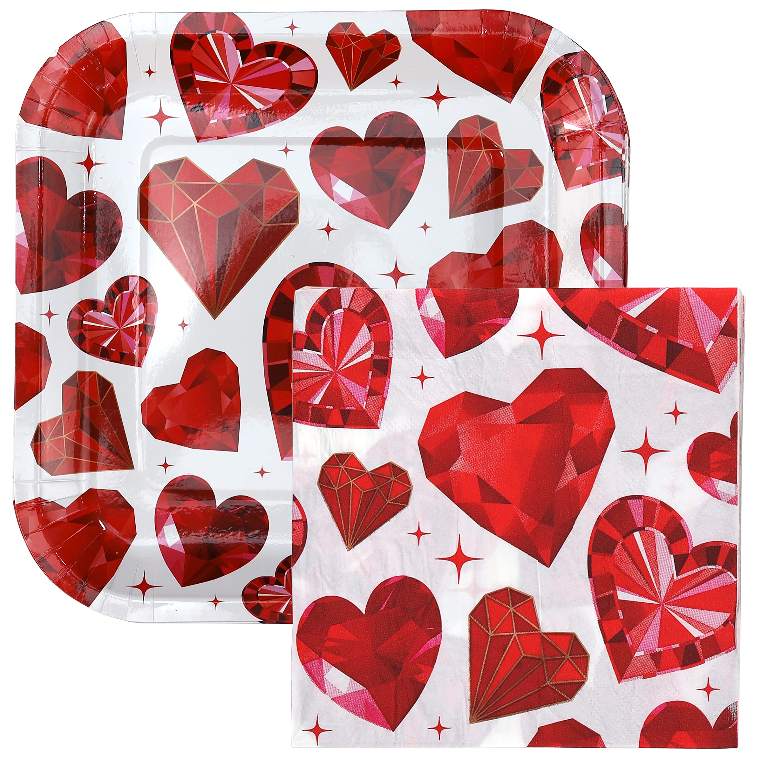 Iconikal Diamond Hearts Durable Square Paper Plates and Napkins Set, 9x9 Inch Plates, 6.5x5 Inch Napkins - for Valentines Day Parties and Events, Includes 36 Plates and 60 Napkins Pack