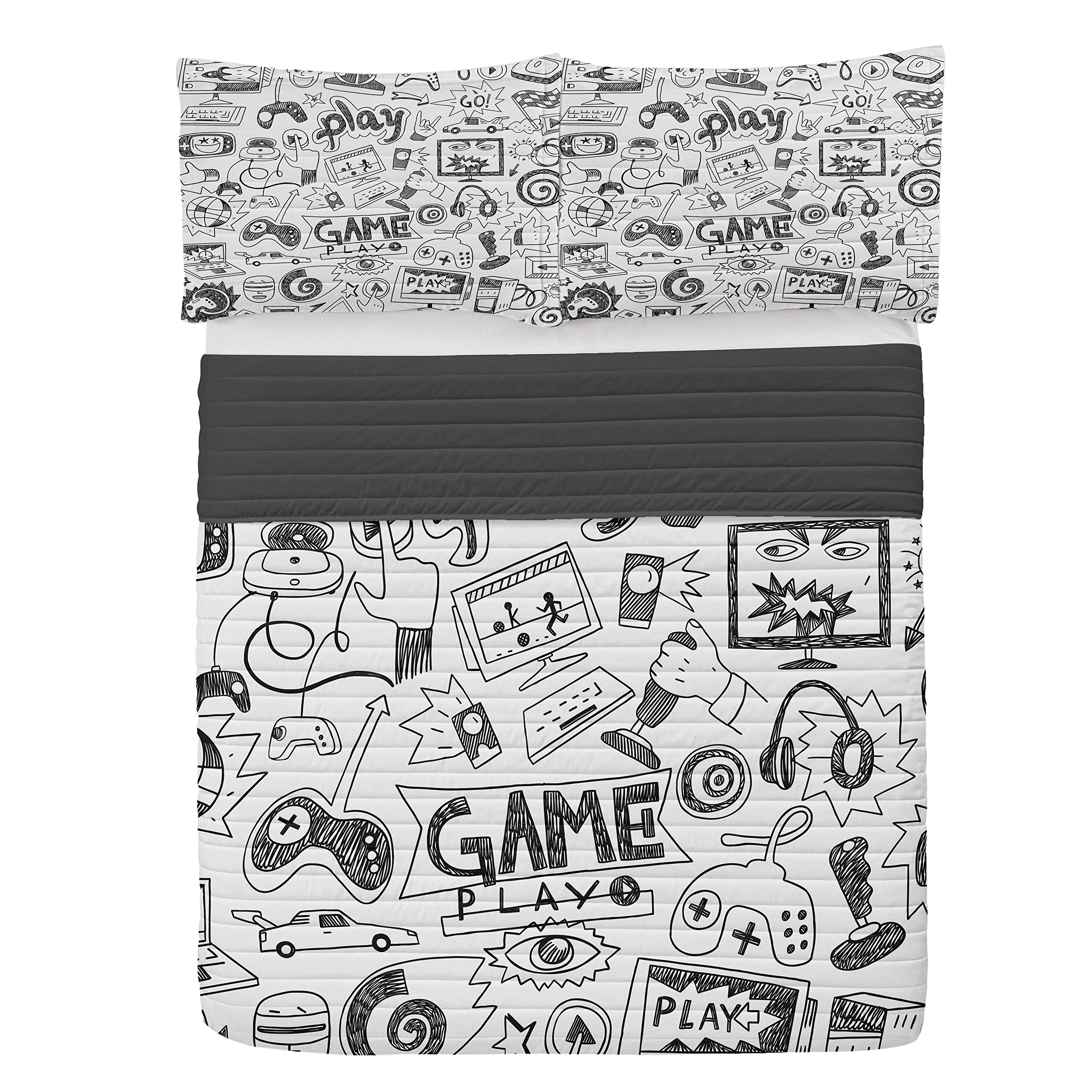 ABAKUHAUS Videojuegos Juego de Colcha de Microfibra, Boceto Estilo de Juego, Juego de Cama Suave con Fundas de Almohada y edredón, 220 cm x 220 cm, Blanco Negro