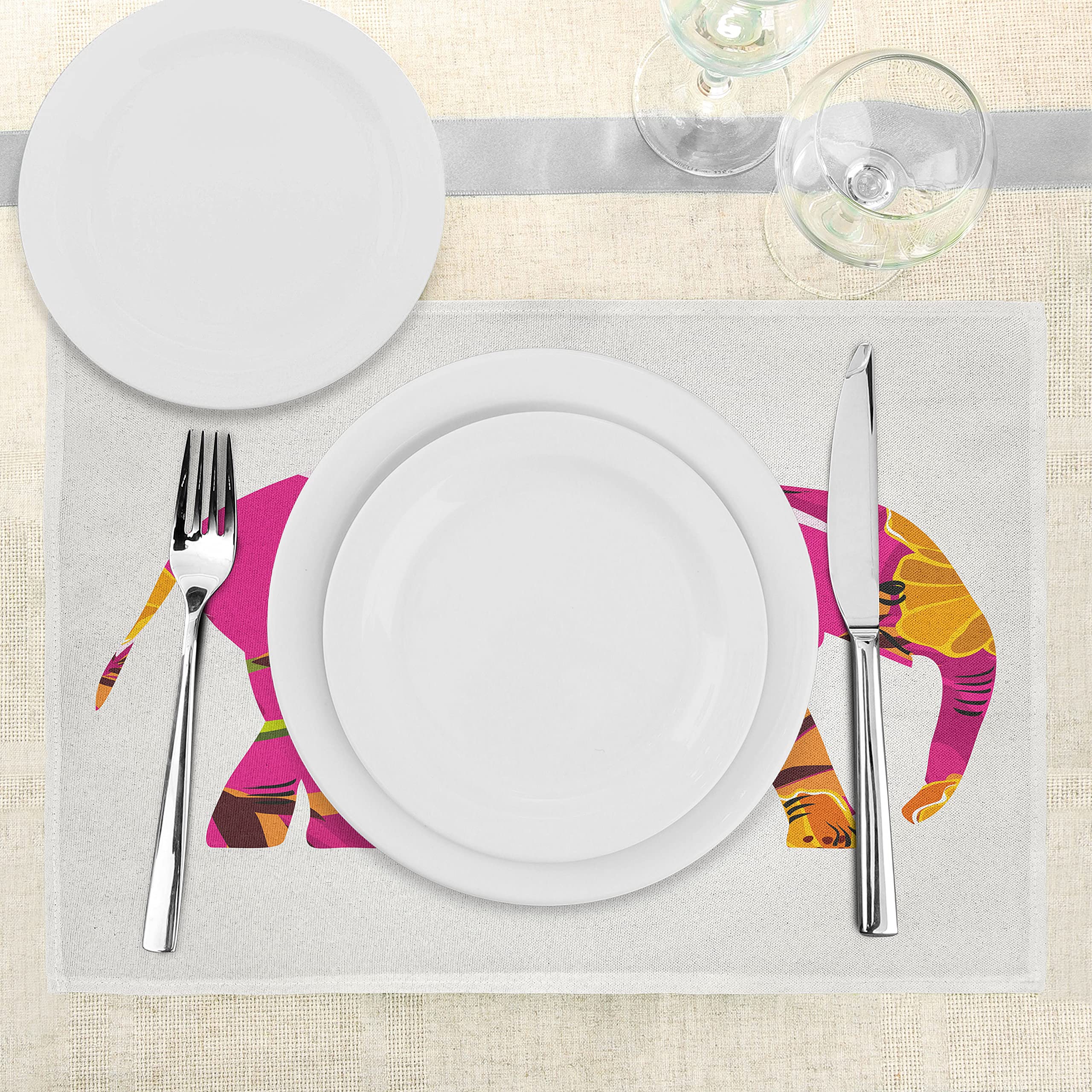 ABAKUHAUS Safari Tovaglietta Americana Set di 4, Elephant Family Foto, Tovagliette in Tessuto Lavabile per Tavolo da Pranzo Cena, Grigio Blu Giallo