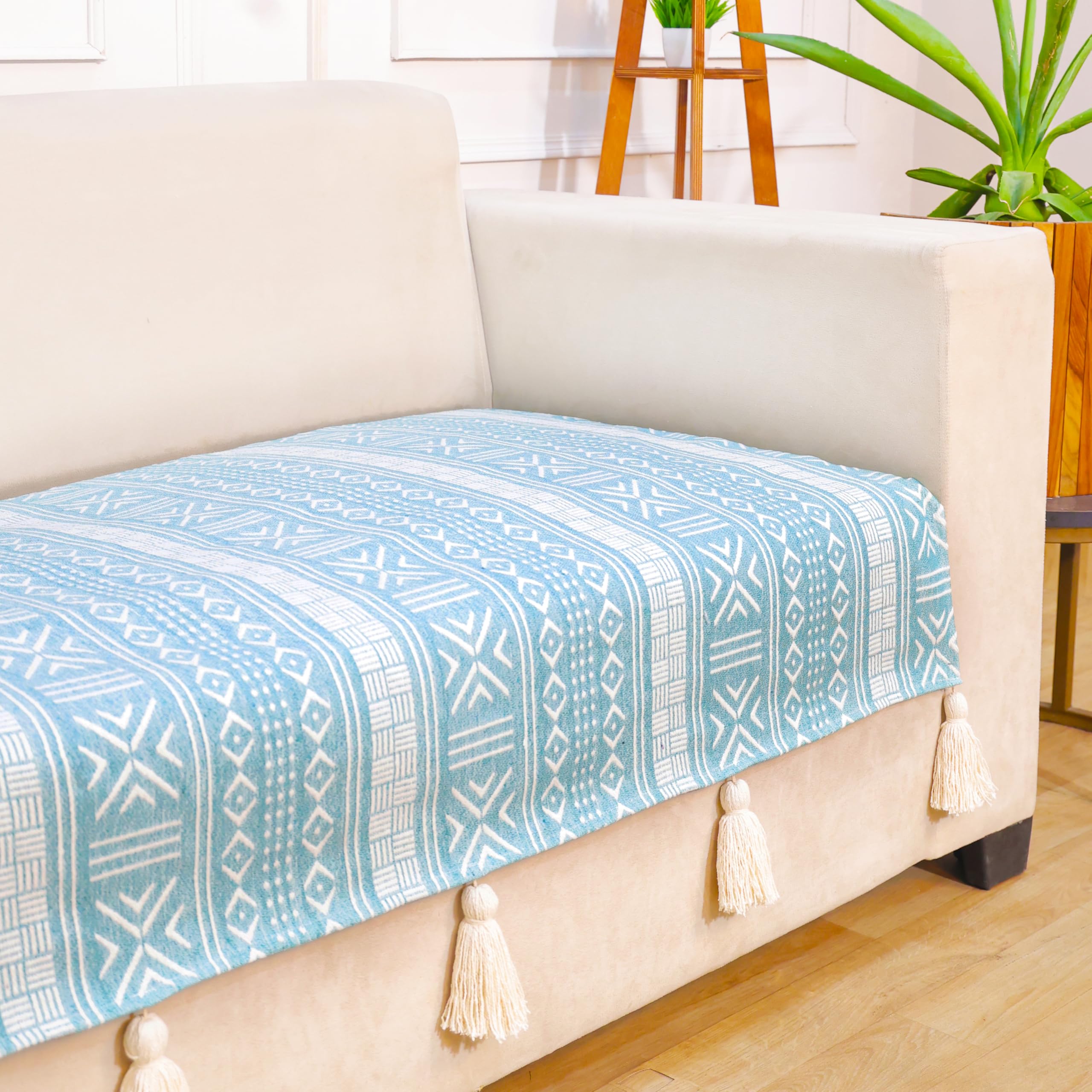 STITCHNEST 'Verdant Bohemian Stories' 3 Seater Sofa Cover| Elegant Jacquard Fabric, Decorative Tassels, Washable & Durable for Modern Living