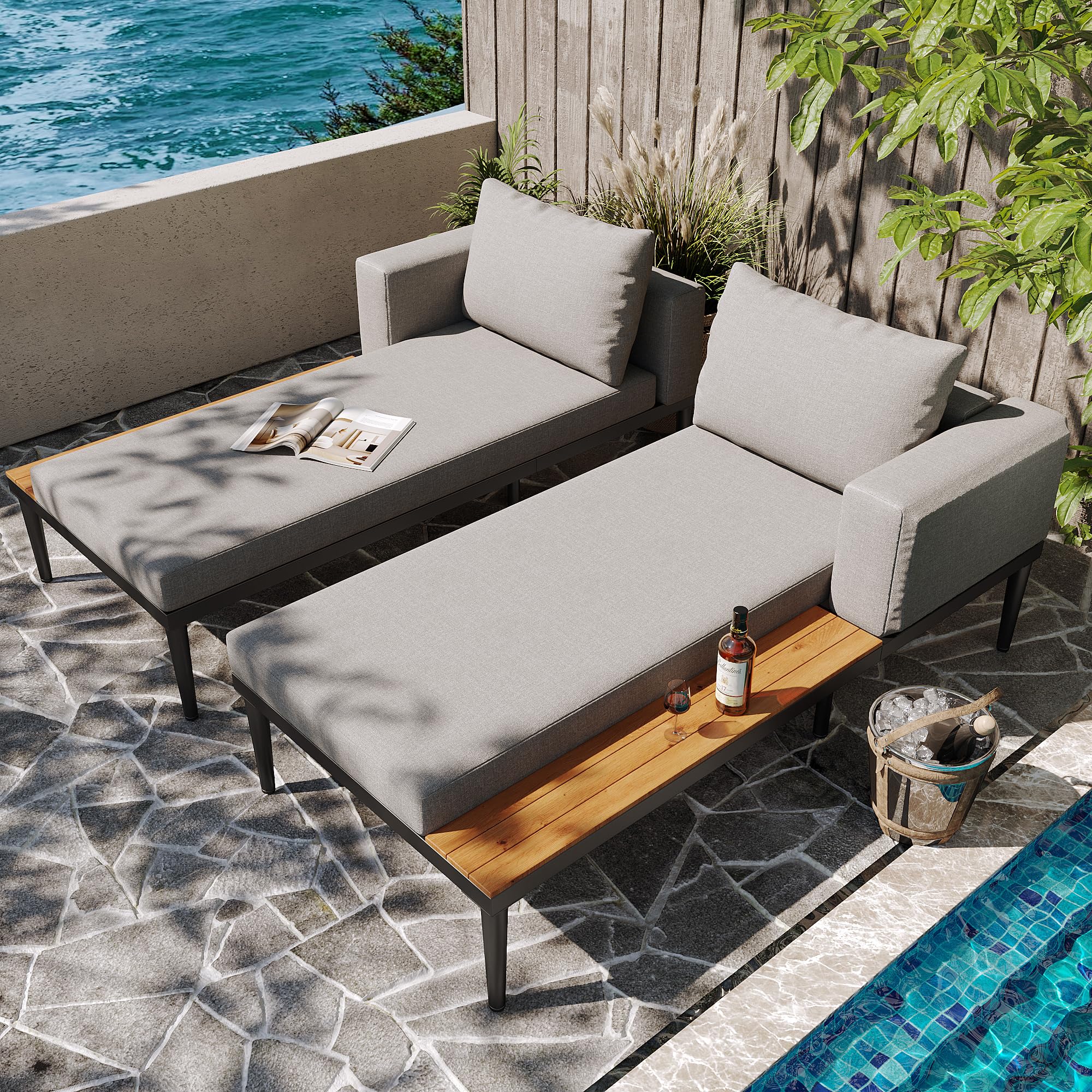 Lit de jour pour patio d'extérieur, lit double, chaise longue d'extérieur, multifonctionnel, imperméable, avec étagères, pour patio, jardin et balcon