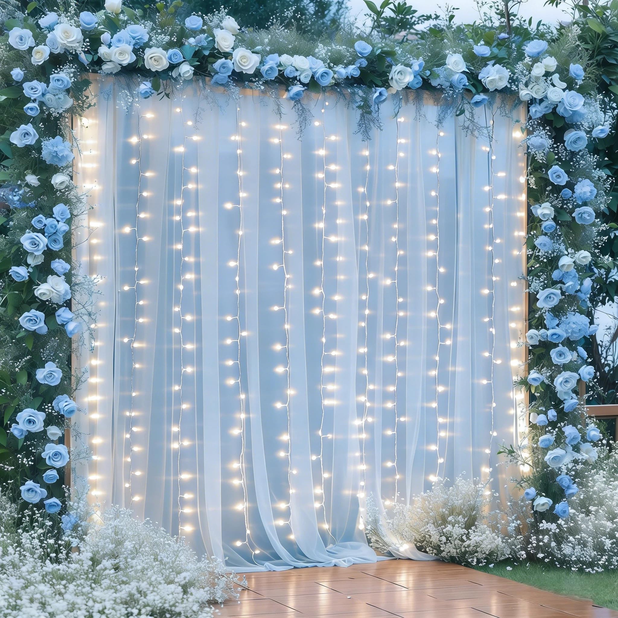 Photo 1 of 10×10ft Blue Tulle Backdrop Curtain with Lights String for Parties, Sheer Photo Curtain Backdrop Drapes for Wedding Party Photography Backgrounds