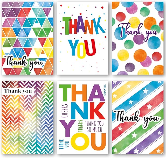 Thank You Cards Multipack of 24. Each Greeting Cards Multipack includes 6 Colourful Designs. Blank Inside. Eco friendly Thankyou Cards and Envelopes by Absolutely Yours.