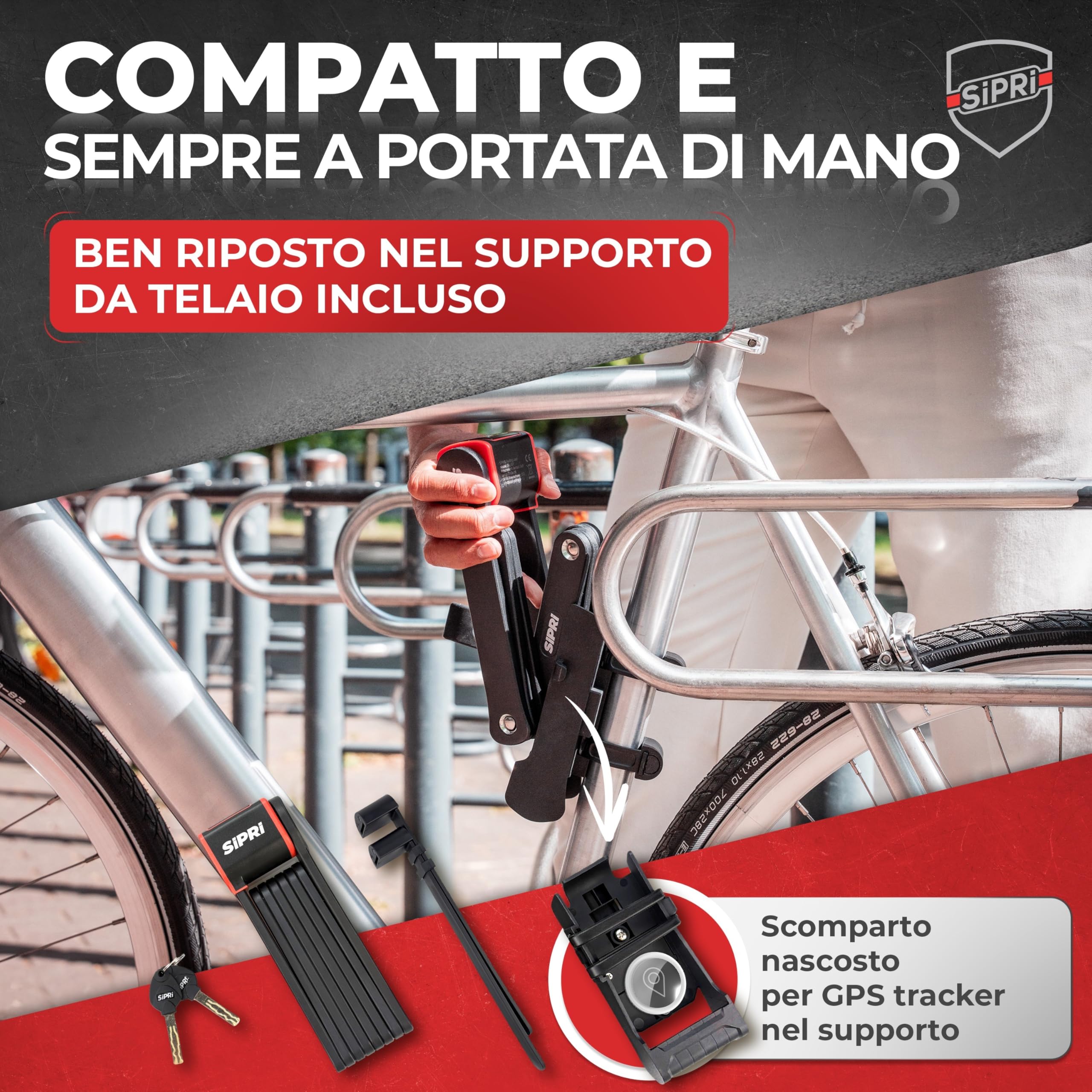 SIPRI Lucchetto pieghevole per bicicletta con allarme, 120 dB, pieghevole, ad alta sicurezza, per e-bike, scooter e moto, in acciaio da 8 mm, 116 cm, resistente alle intemperie, robusto lucchetto con
