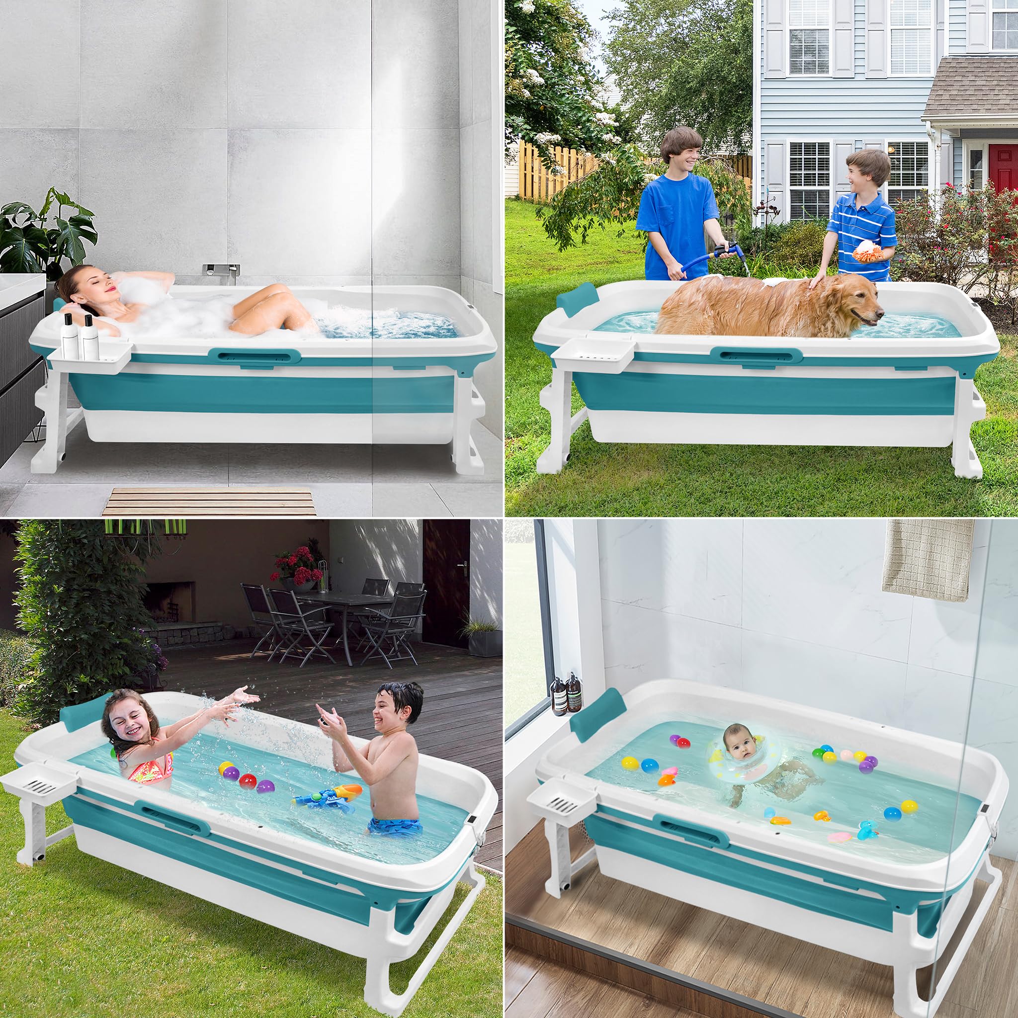 LARS360 Badewanne Erwachsene Faltbare 149 x 64 x 54 cm Klappbare Mobile Badewanne mit abnehmbare Abdeckung, Thermometer, Massagerollen Lagerregal, Kissen, Blau