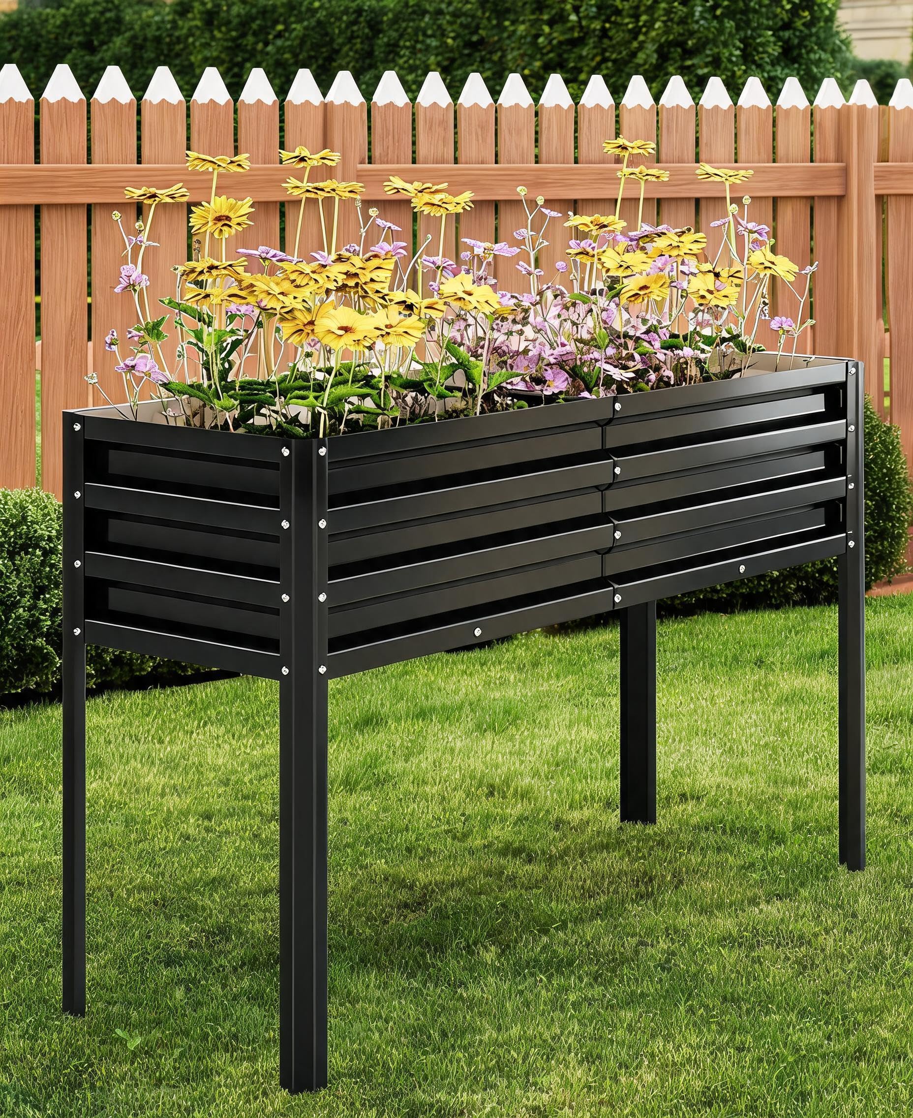 Aptliton Black Galvanised Steel Tall Raised Garden Bed With Legs, Self-Watering Large Elevated Planter Box For Vegetables Flowers Herbs, Outdoor Metal Planter Stand For Patio, Balcony, Backyard, No Bending