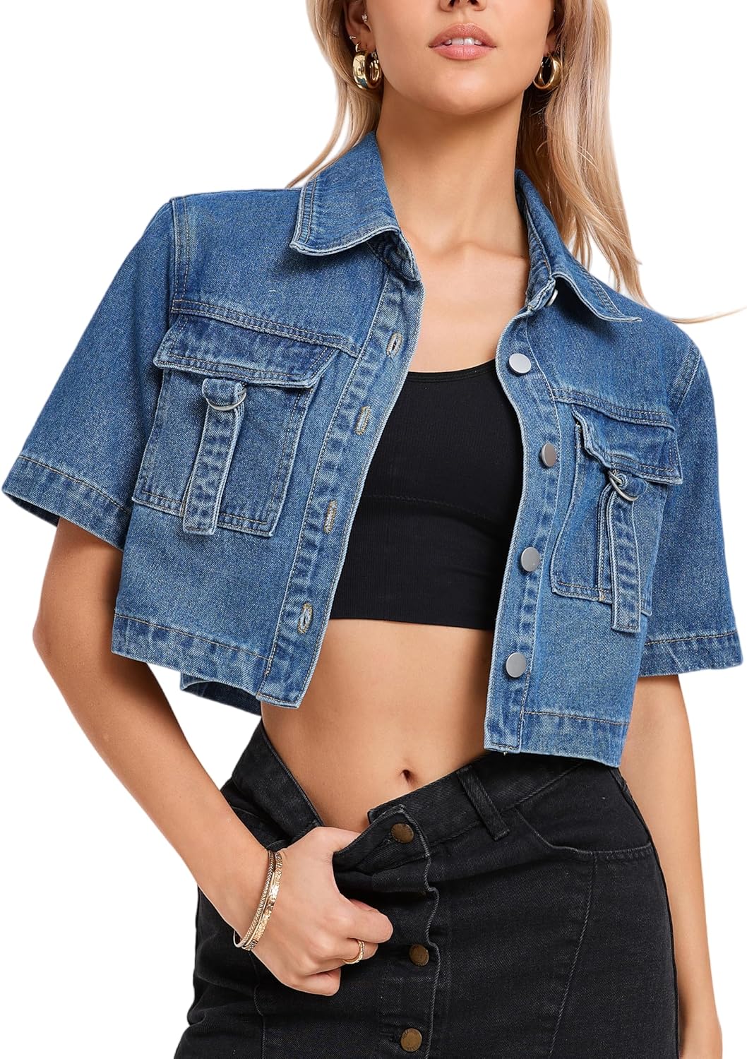 Ladyful Short Sleeve Denim Jacket for Women Lightweight Cropped Trendy Button Down Jean Jacket Trucker Coat