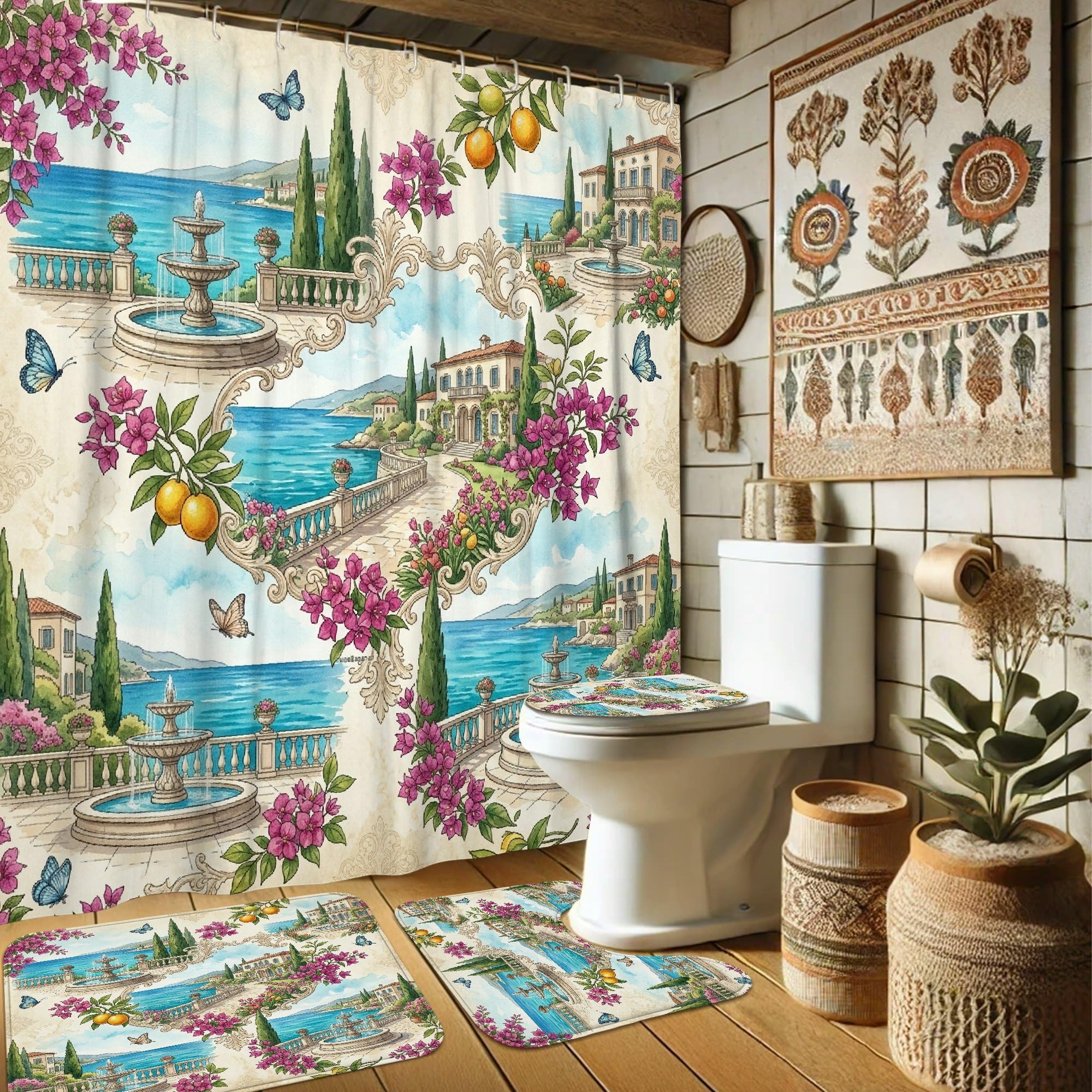 Rideau de douche méditerranéen en polyester bleu pour une salle de bain style bord de mer