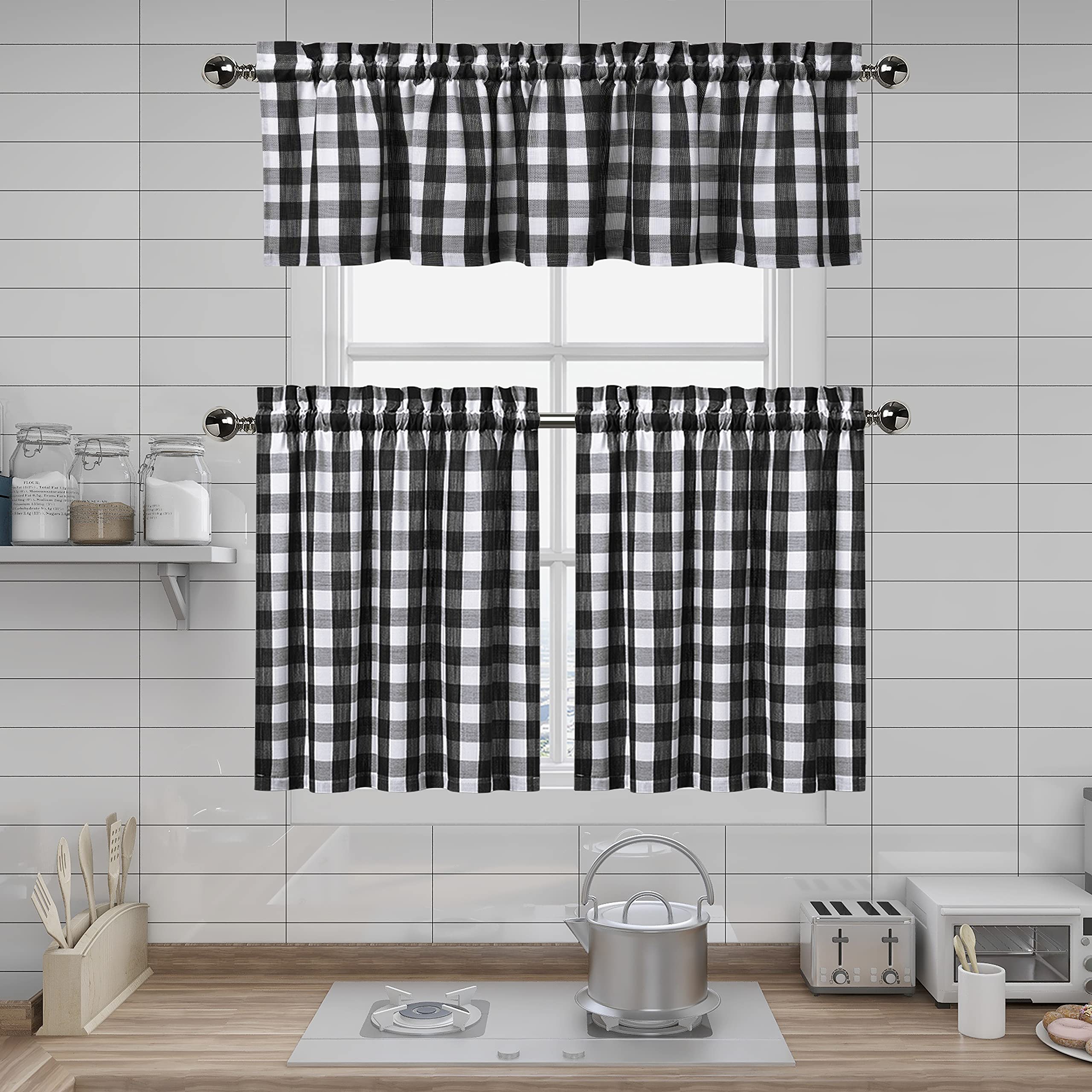Black and White Buffalo Check Kitchen Curtain Valances and Tiers Set for Windows, Plaid Gingham Farmhouse Valance Tiers Set for Bathroom Rod Pocket Cafe Curtains, Black/White