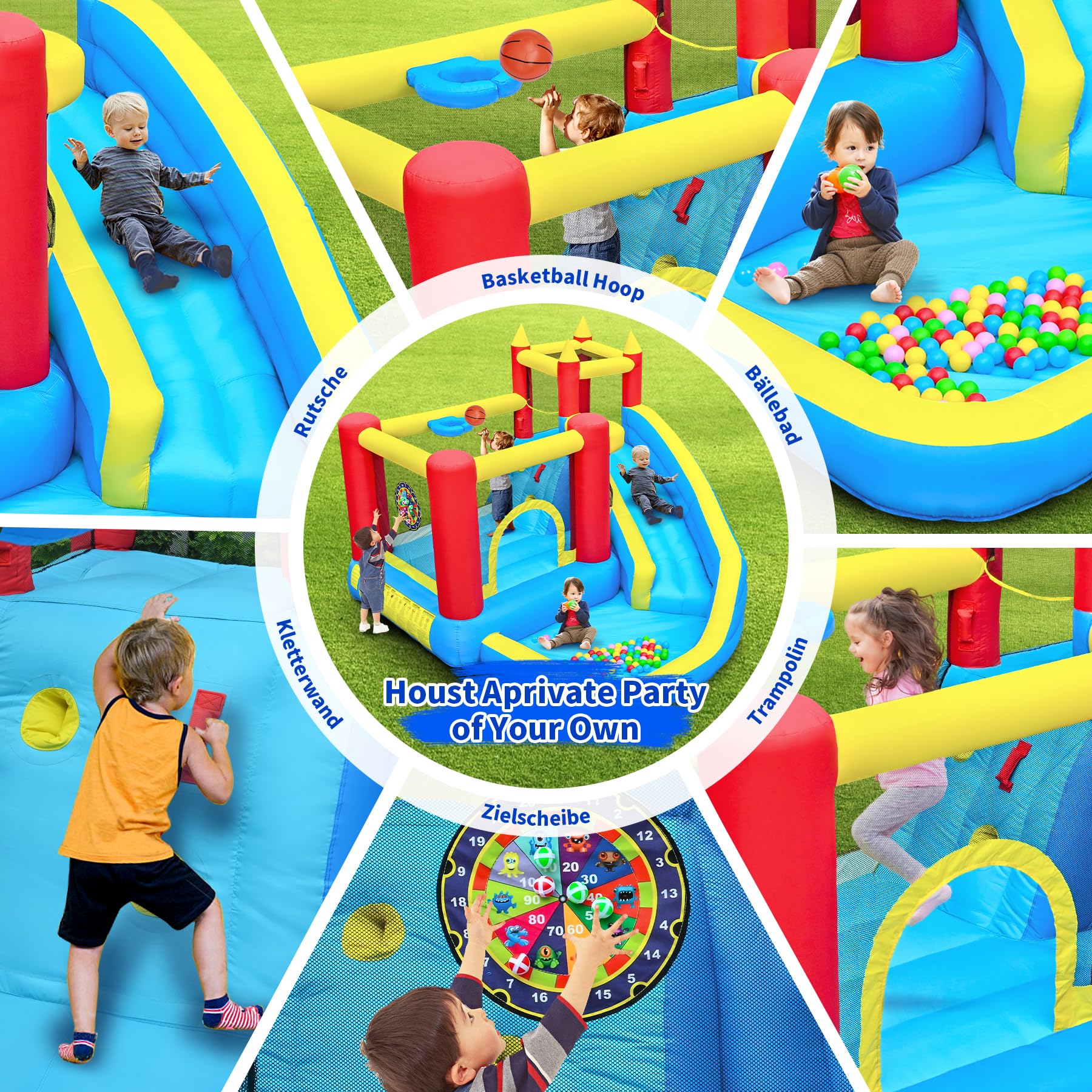 hüpfburg Kinder mit rutsche und kletterwand, hüpfburg gebläse inklusive, innen und außen hüpfmatratze für Kinder Bouncy Castle 3-10 Jahre 274 x 310 x 218 cm Outdoor hüpfburgen (Langrutsche)